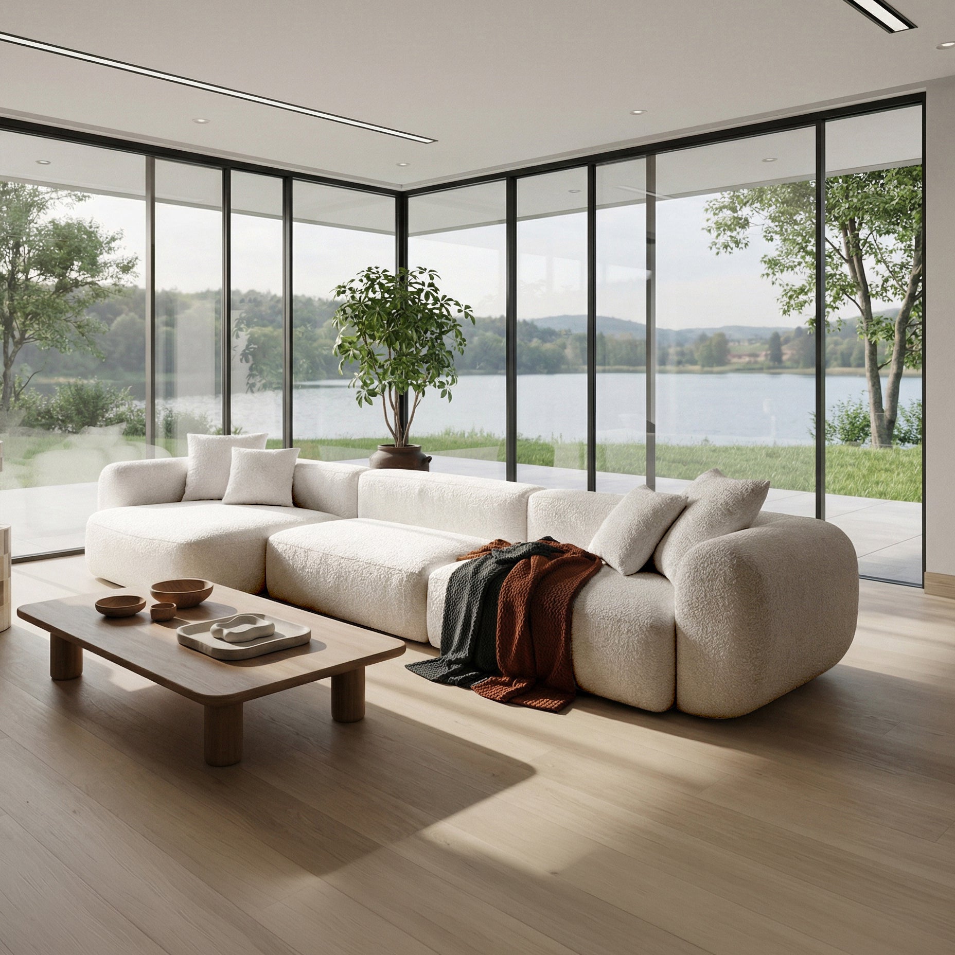 Modulares Ecksofa Baomi L-förmig groß linksseitig cremefarben Chenille