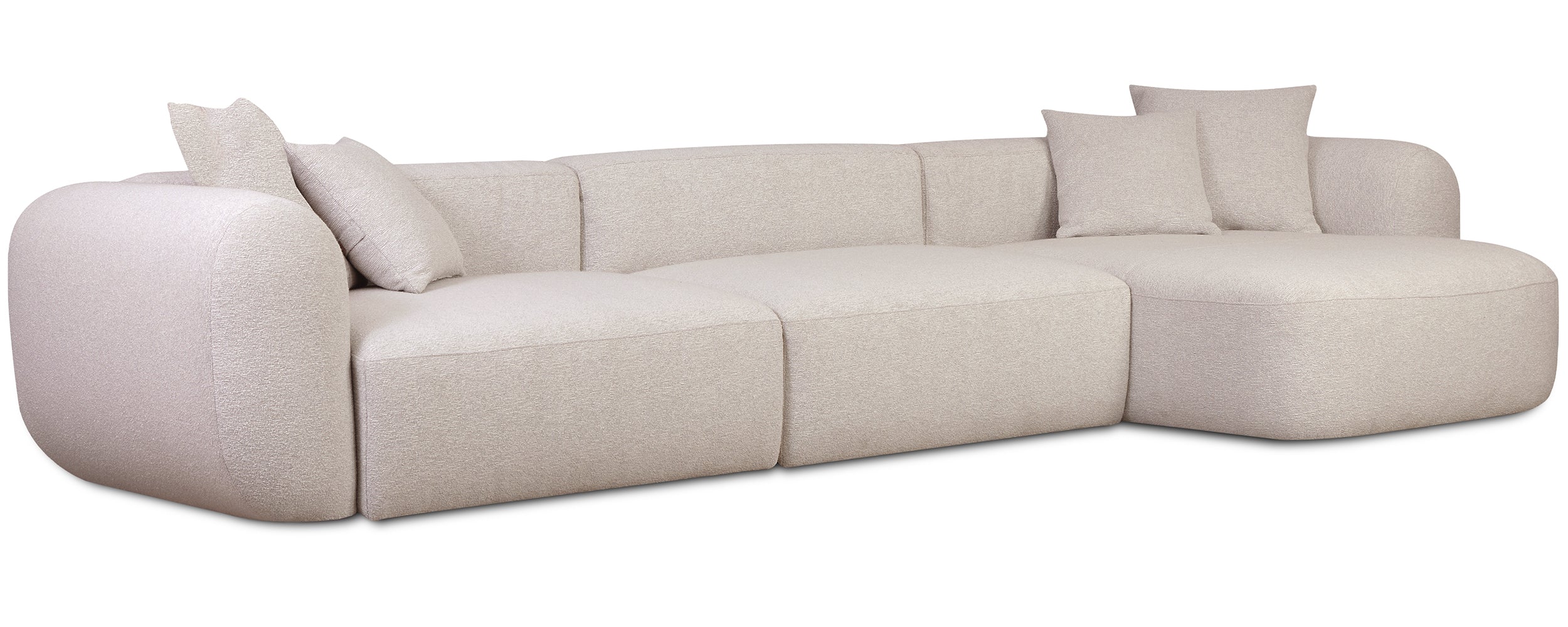 Modulares Ecksofa Baomi, großes L-förmiges Sofa mit Pouf, rechtsseitig, hellbeige Chenille