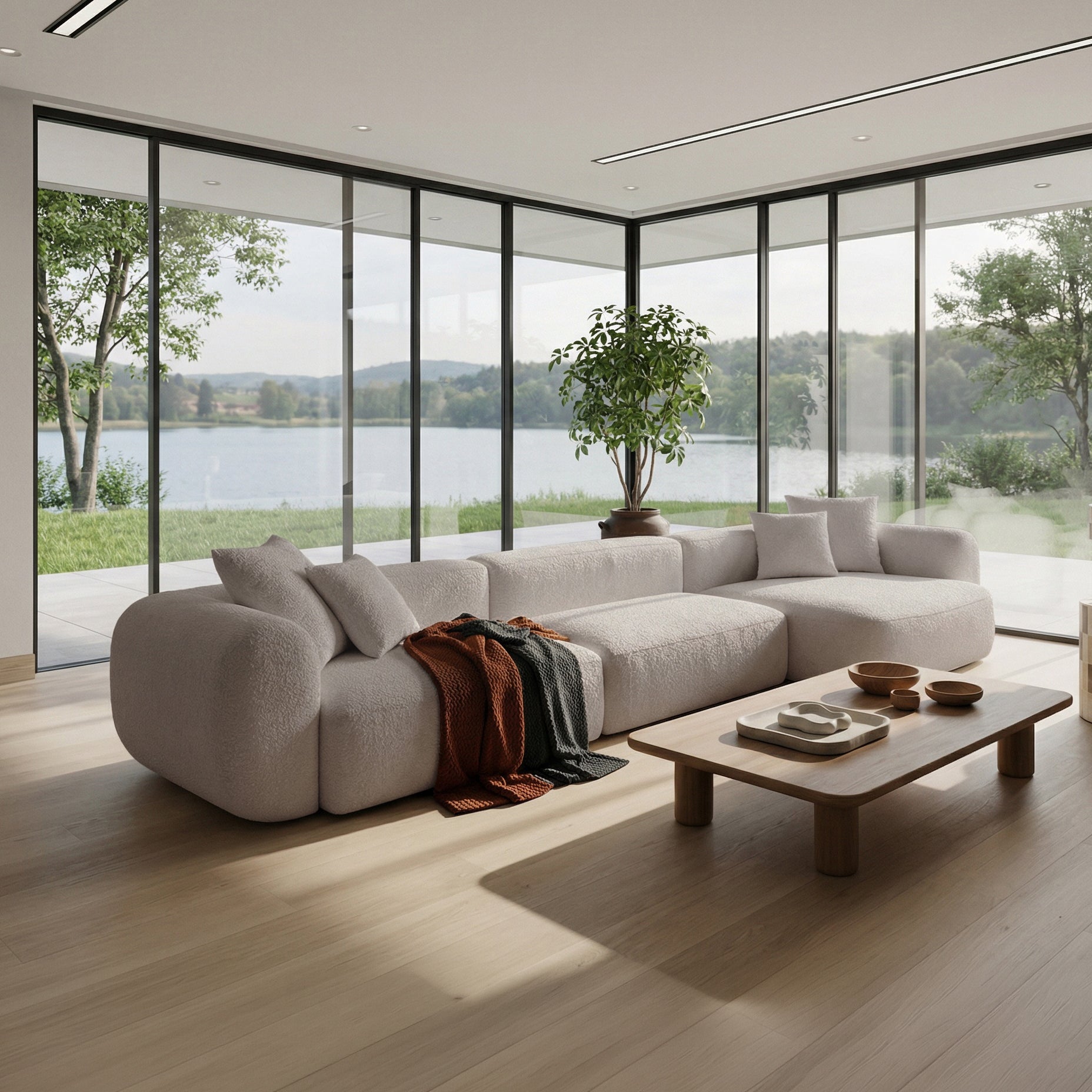 Modulares Ecksofa Baomi, großes L-förmiges, rechtsseitiges, hellbeiges Chenille