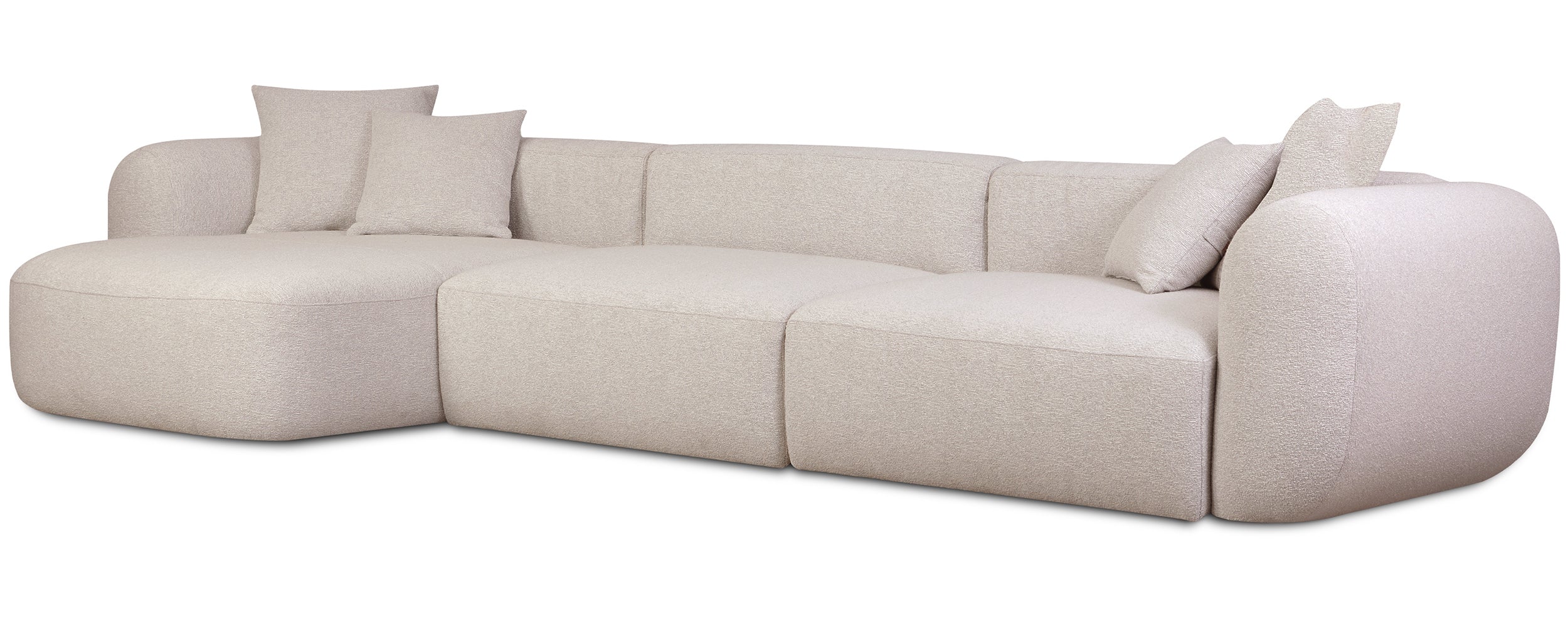 Modulares Ecksofa Baomi, großes L-förmiges Sofa mit Hocker, linksseitig, hellbeige Chenille