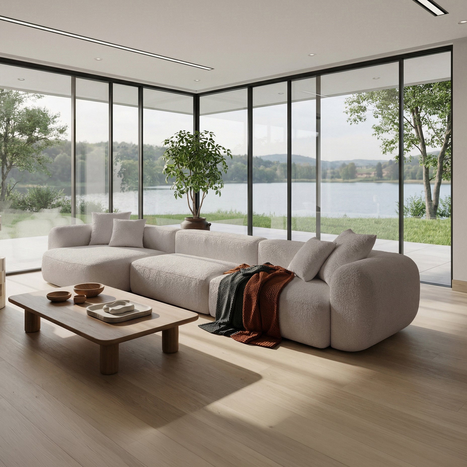 Modulares Ecksofa Baomi, großes L-förmiges Sofa mit Hocker, linksseitig, hellbeige Chenille