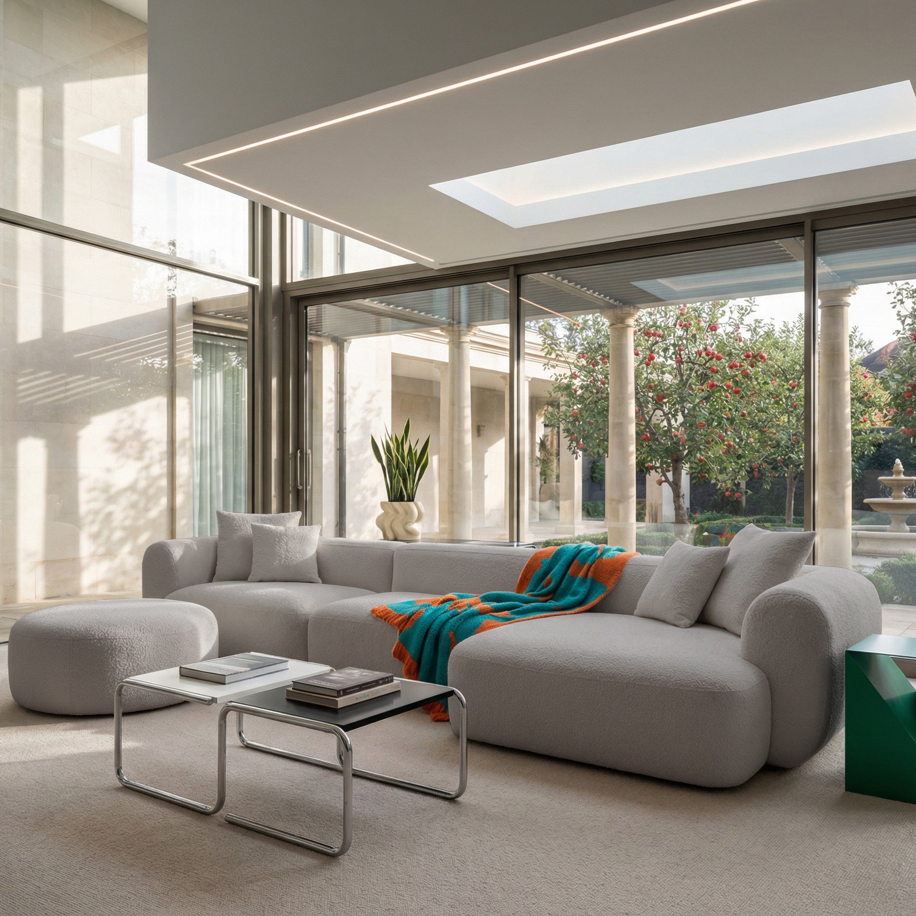 Großes, L-förmiges, modulares Ecksofa Baomi mit Hocker, rechtsseitig, hellgrauer Chenille-Stoff
