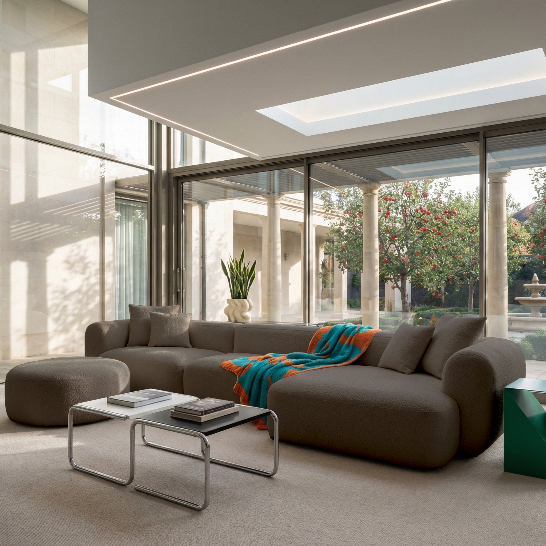 Modulares Ecksofa Baomi, großes L-förmiges, rechtsseitiges Modell mit Hocker, hellbraunes Chenille