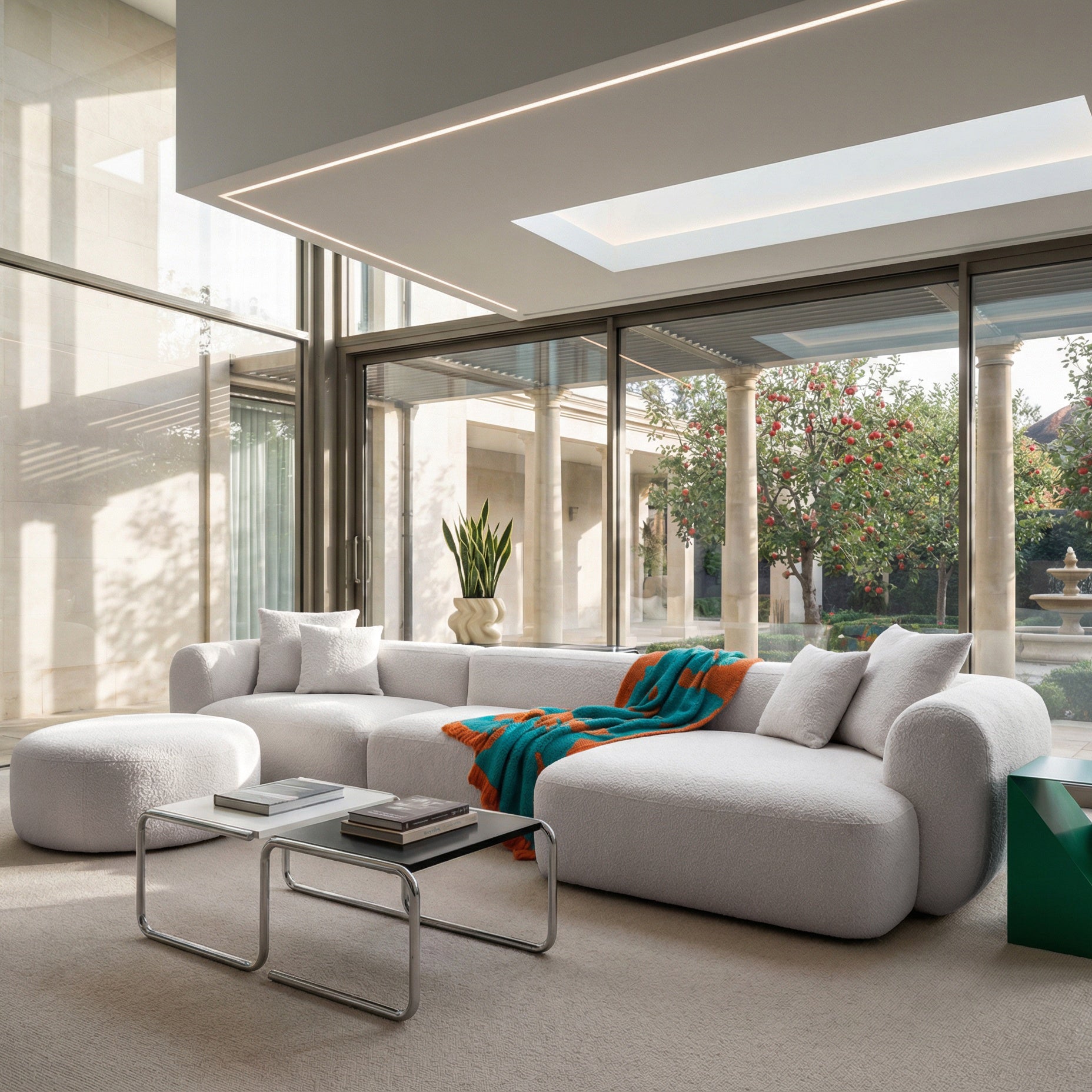 Modulares Ecksofa Baomi, großes L-förmiges, mit Pouf, rechtsseitig, grau-beige Chenille