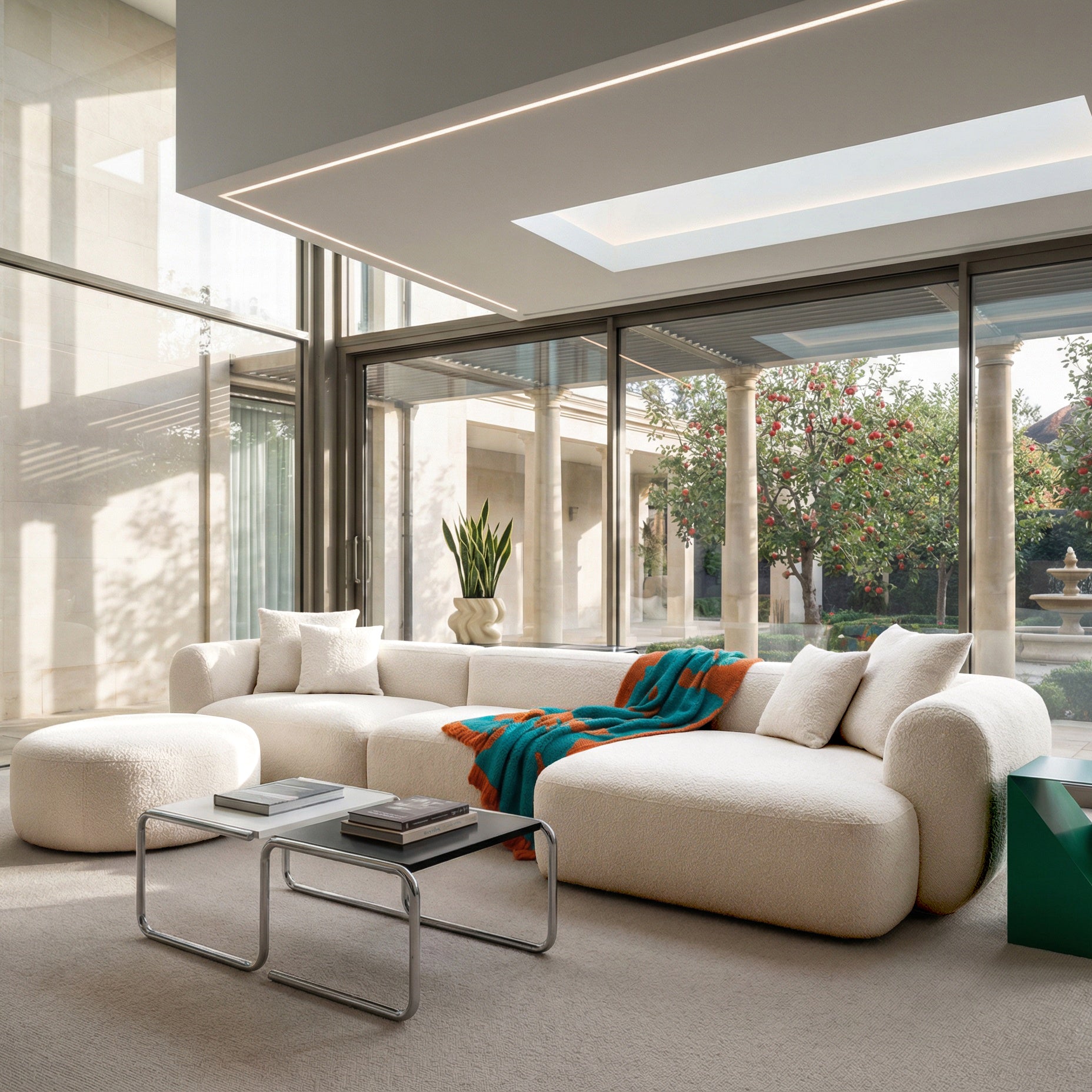 Großes, modular-eckiges Baomi-Sofa in L-Form mit Pouf, rechtsseitig, cremefarbener Chenille-Stoff