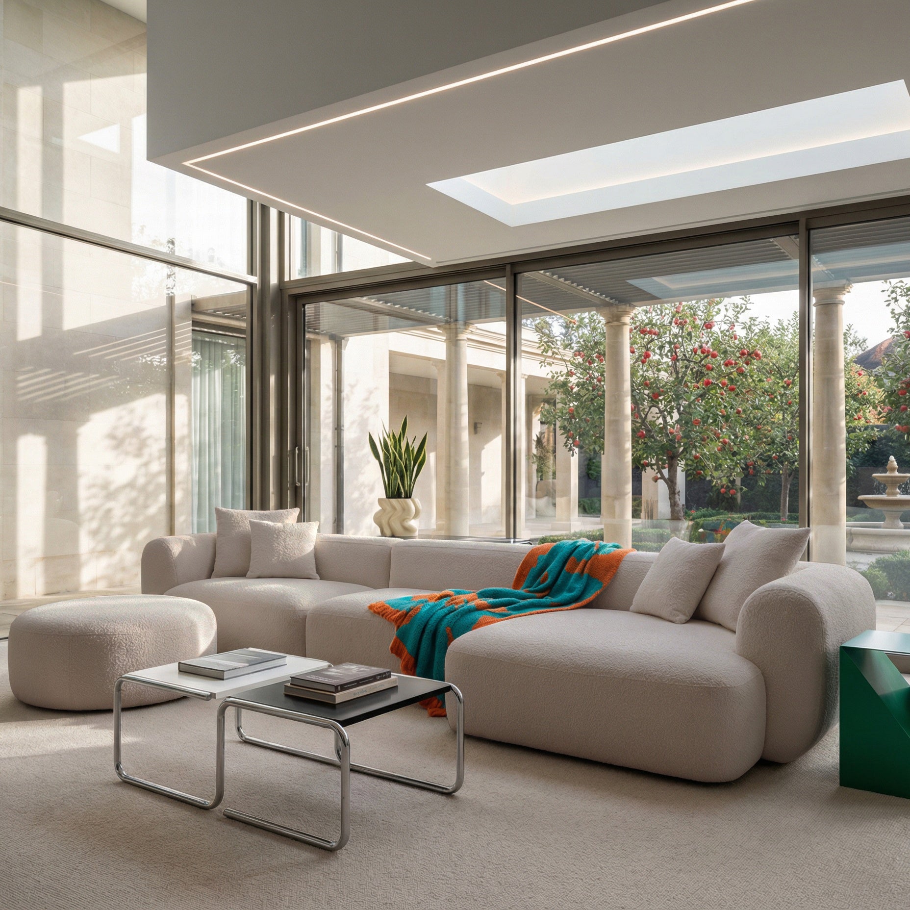 Modulares Ecksofa Baomi, großes L-förmiges Sofa mit Pouf, rechtsseitig, hellbeige Chenille