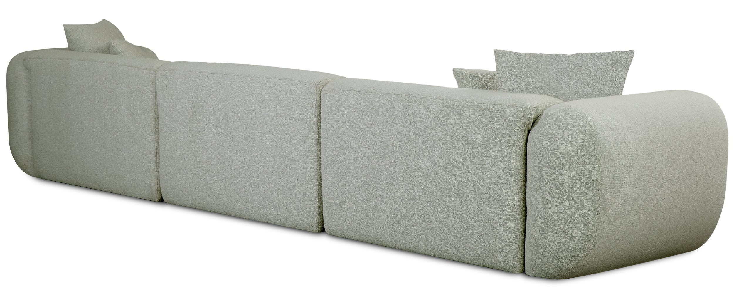 Modulare Eckcouch Baomi, großes L-förmiges Sofa mit Hocker, linksseitig, salbeigrüner Chenille-Stoff