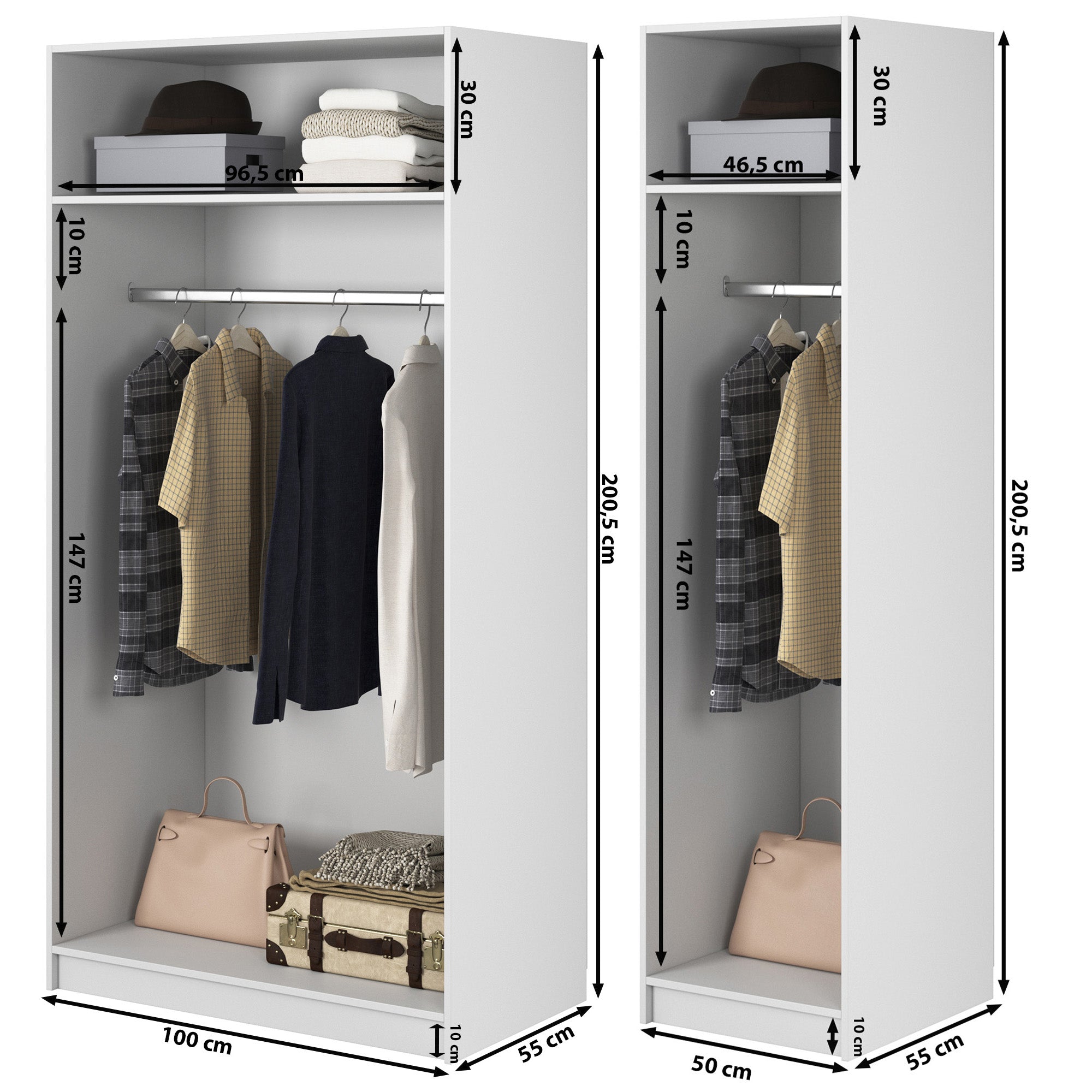 Drehtürenschrank Frame mit drei Türen, zwei Kleiderstangen, 150 cm, Weiß