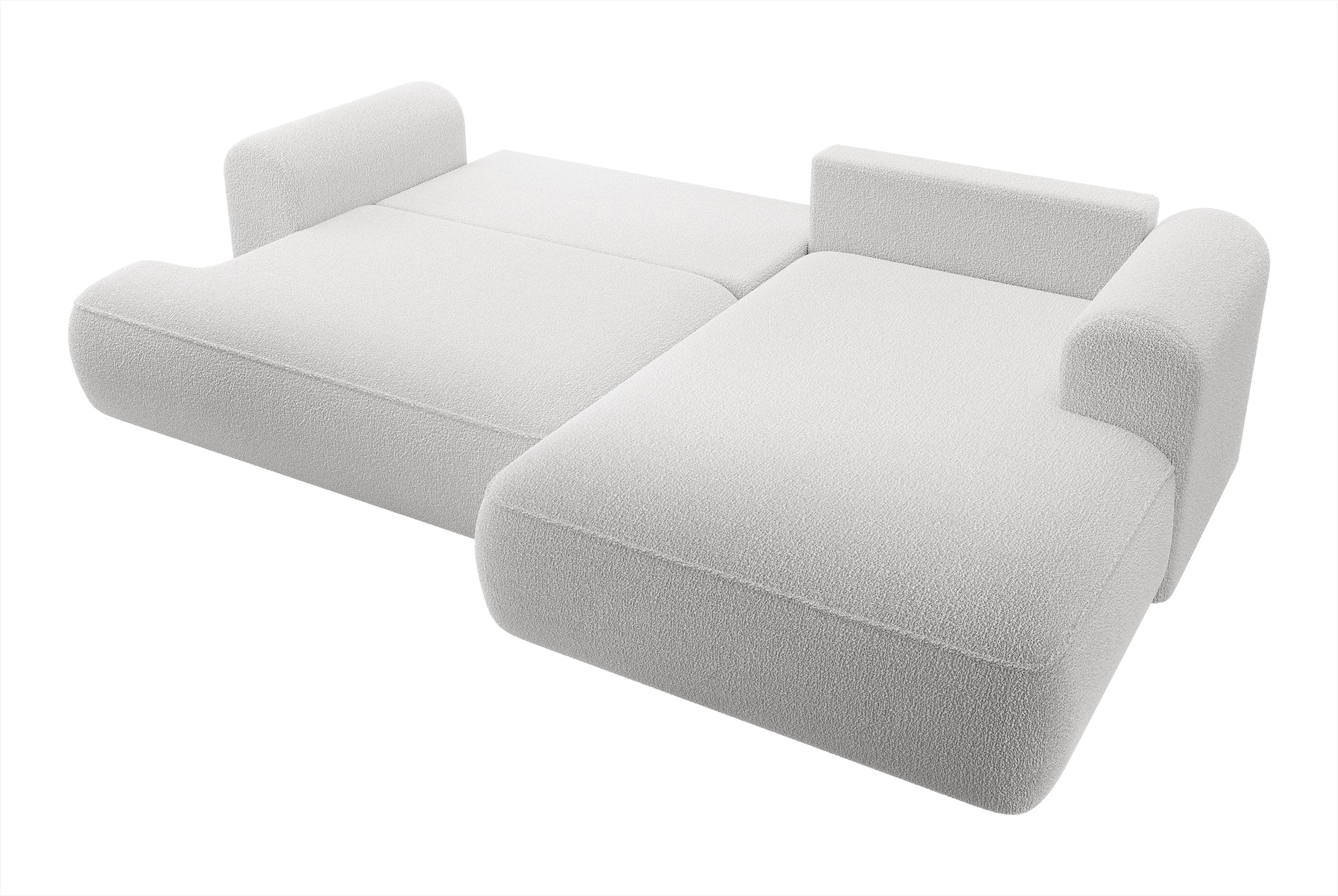 Ecksofa mit Schlaffunktion Ovo, L-förmig, grau, mit Stauraum, Bouclé, rechtsseitig