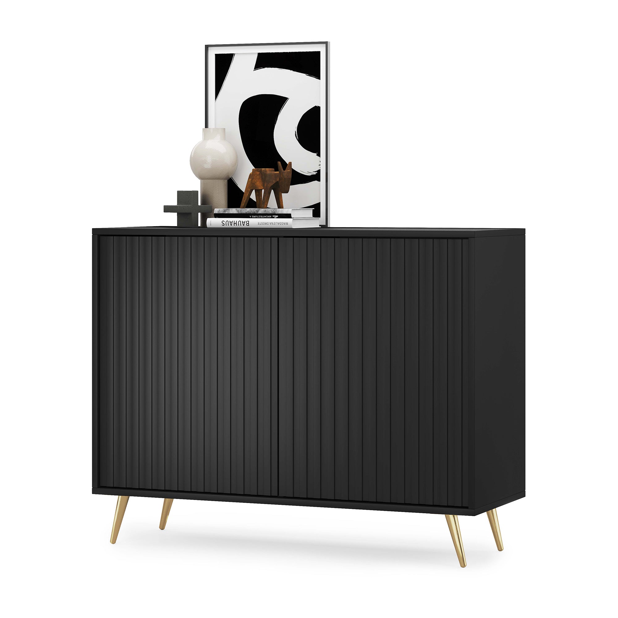 Kommode Bello mit Lamellenfronten 104 cm schwarz mit goldenen Beinen
