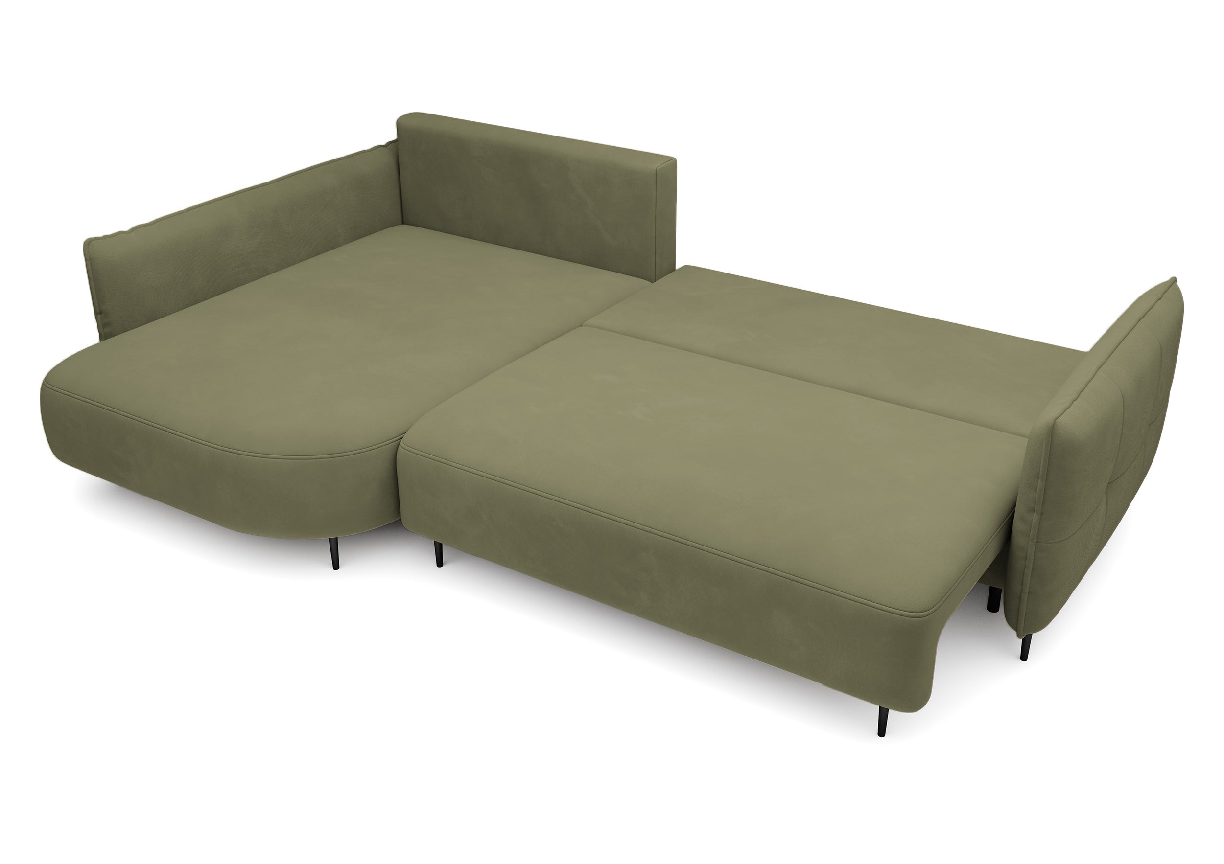 Ecksofa Oblivio mit Schlafunktion, L-förmig, mit Stauraum, olivgrüner Samt, linksseitig, wasserabweisend