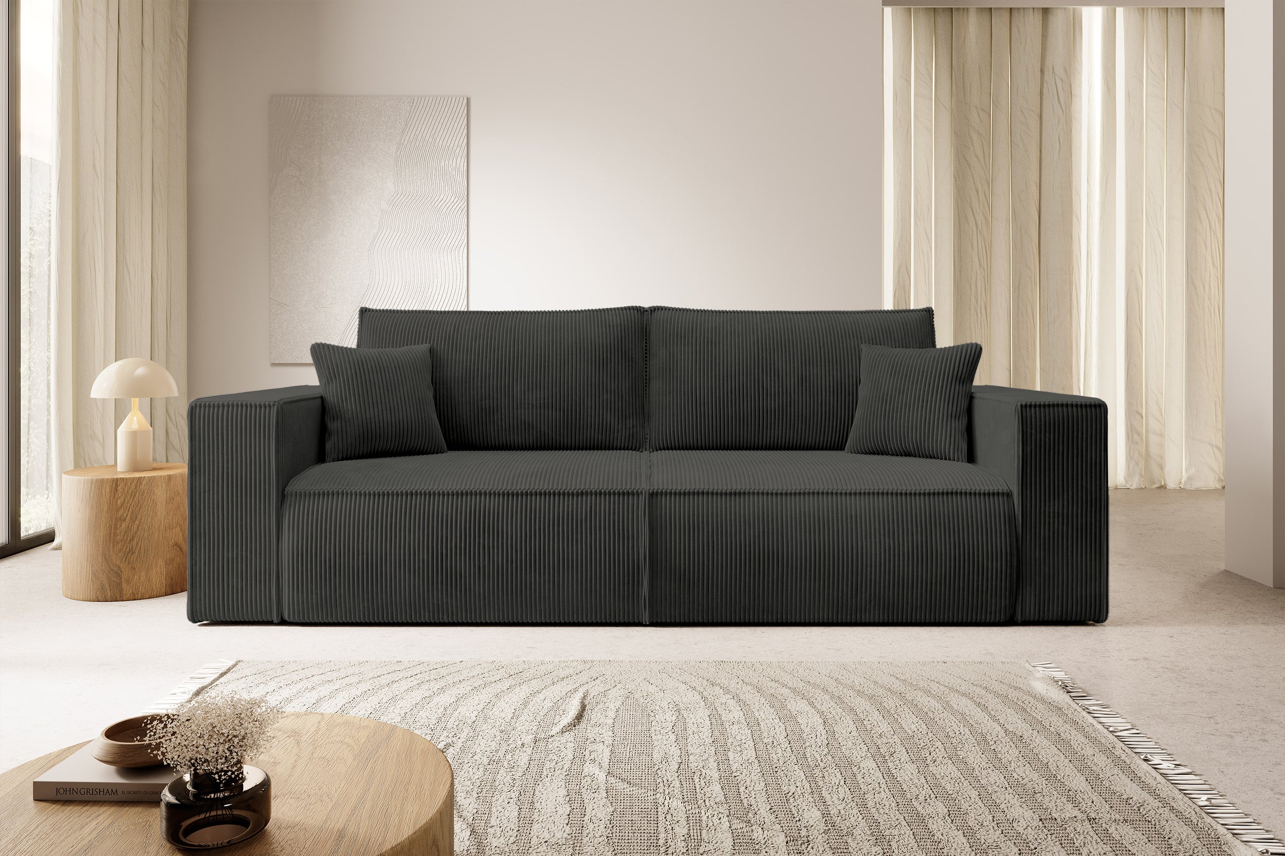 Dreisitziges ausklappbares Sofa Farese mit Stauraum, dunkelgrauer Cordstoff