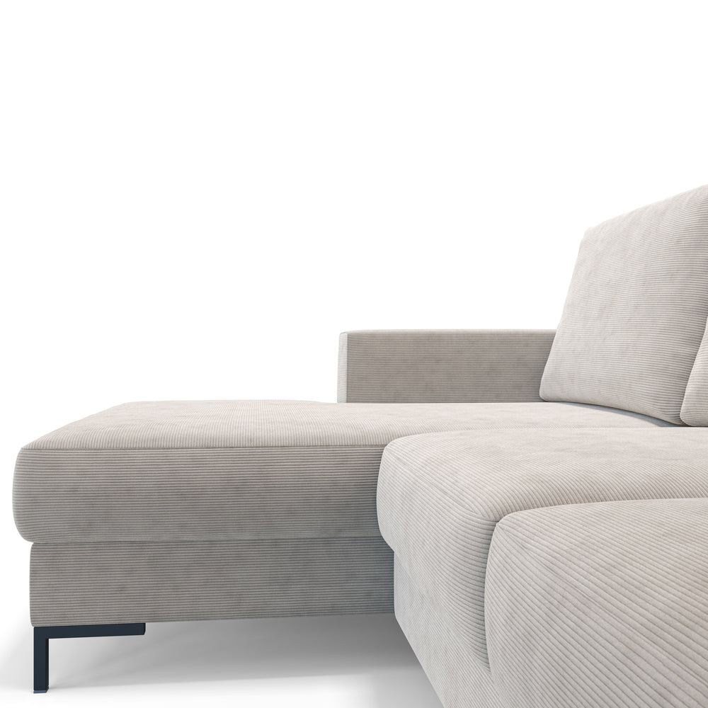 Ecksofa mit Schlaffunktion Mokpeo, L-förmig, mit zwei Stauraumfächern, auf schwarzen Füßen, beige Cordstoff, linksseitig