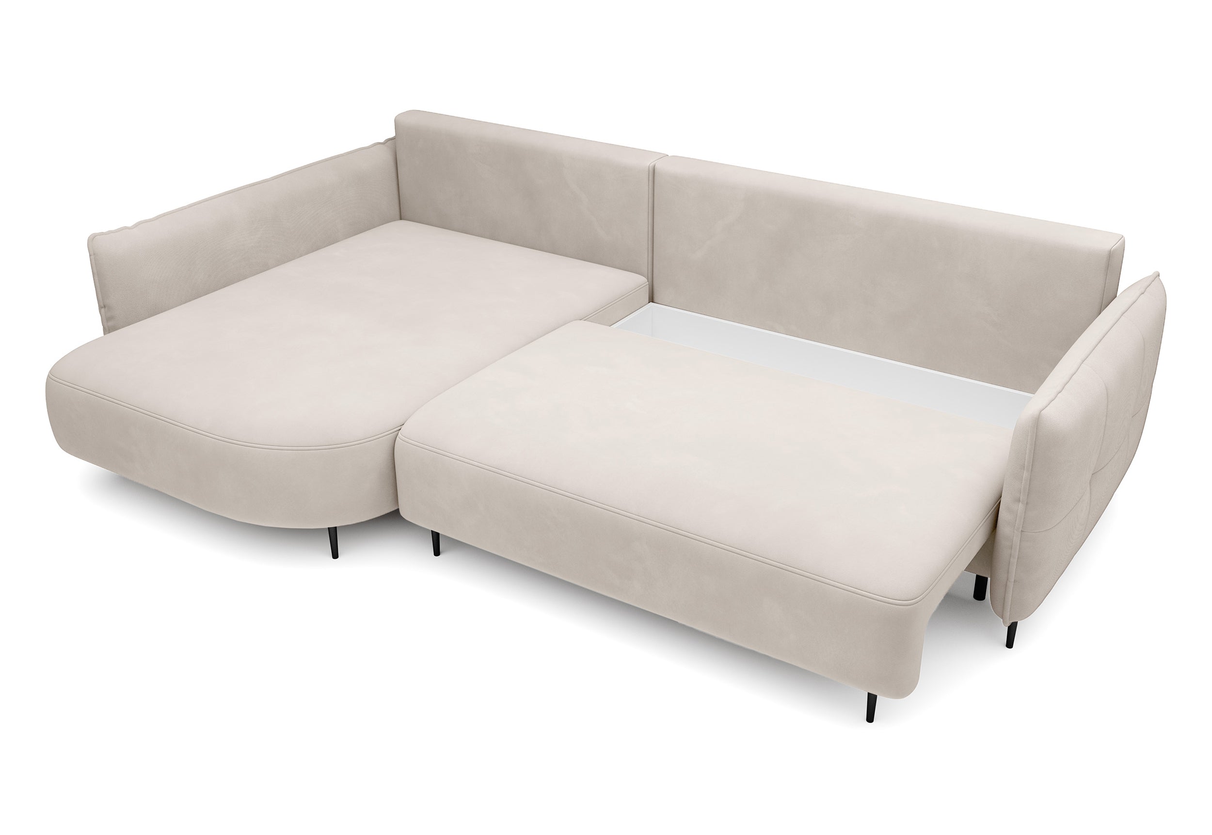 Ecksofa Oblivio mit Schlaffunktion, L-förmig, mit Stauraum, cremefarbener Samt, linksseitig, wasserabweisend