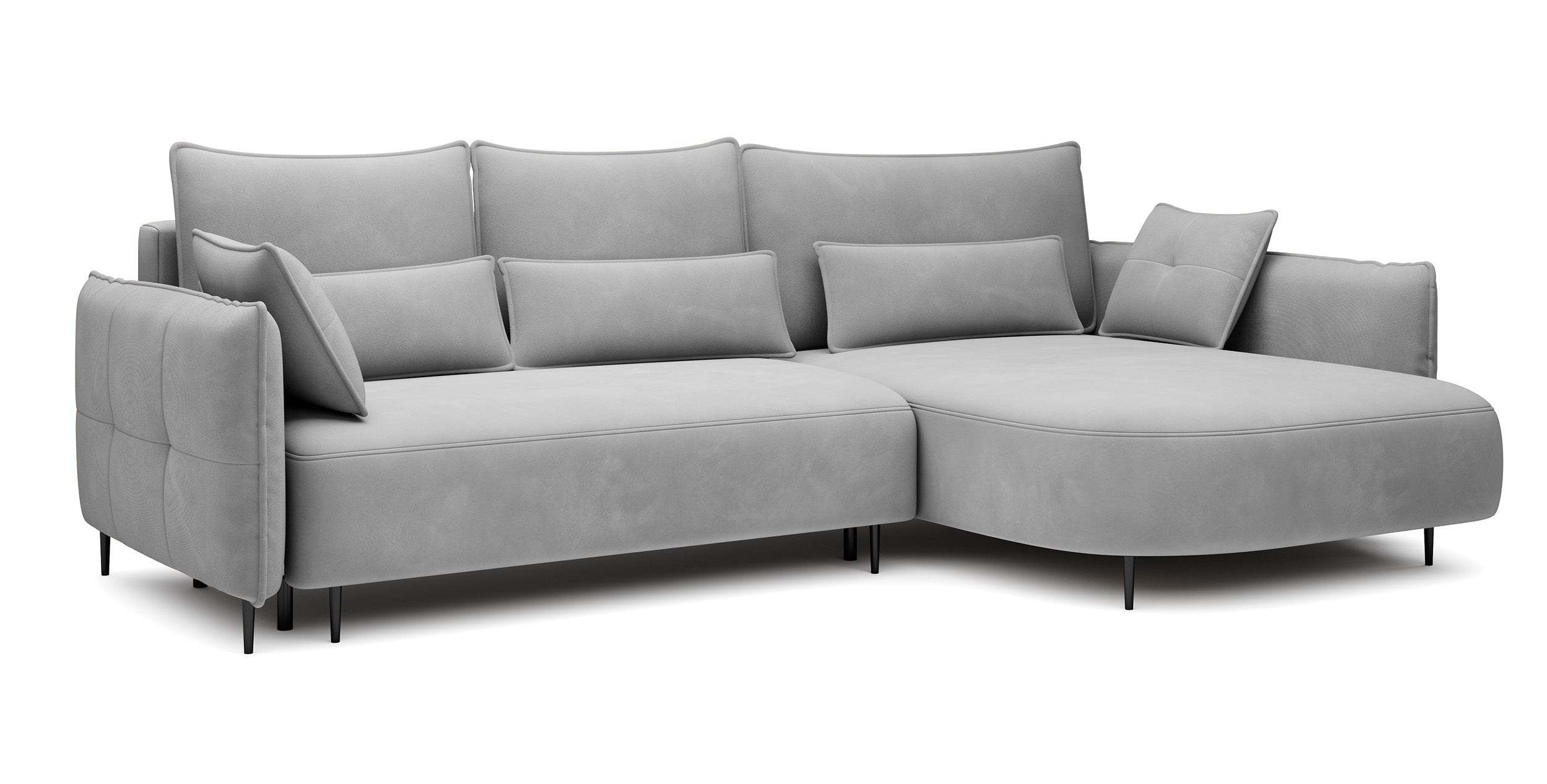 Ecksofa Oblivio mit Schlaffunktion, L-förmig, mit Stauraum, grauer Samt, rechtsseitig, wasserabweisend