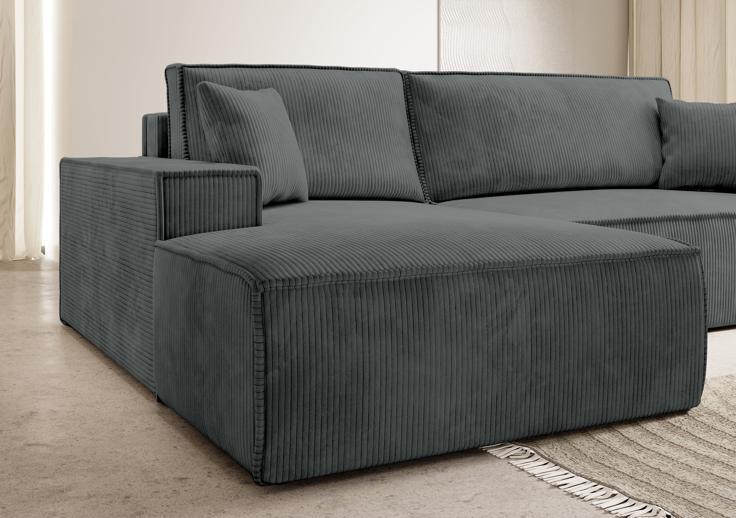Ecksofa mit Schlaffunktion Farese New L-förmig mit Stauraum, grauer Cord, linksseitig