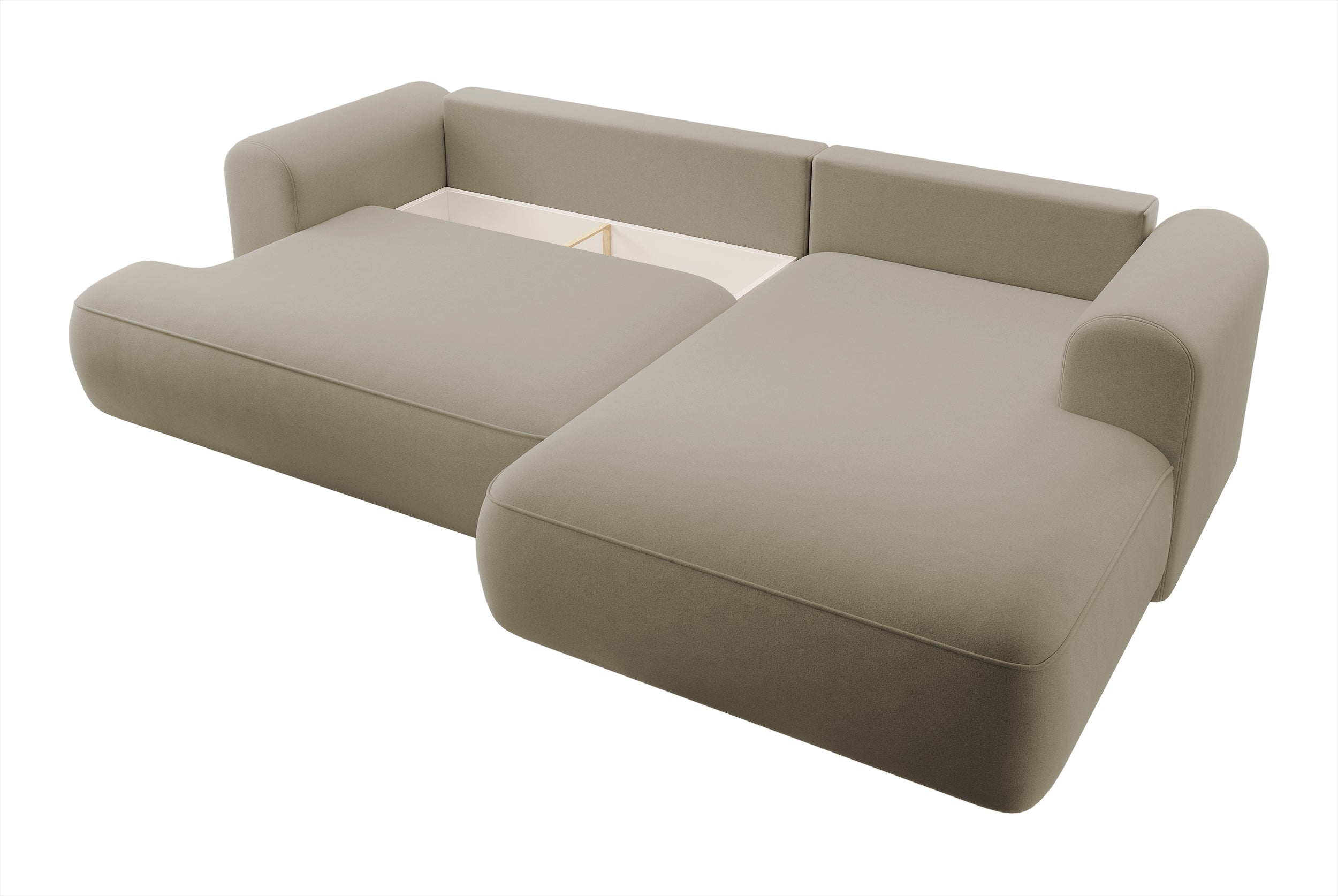Ecksofa mit Schlaffunktion Ovo, L-förmig, beige Samt, mit Stauraum, aus leicht zu reinigendem Stoff, rechtsseitig
