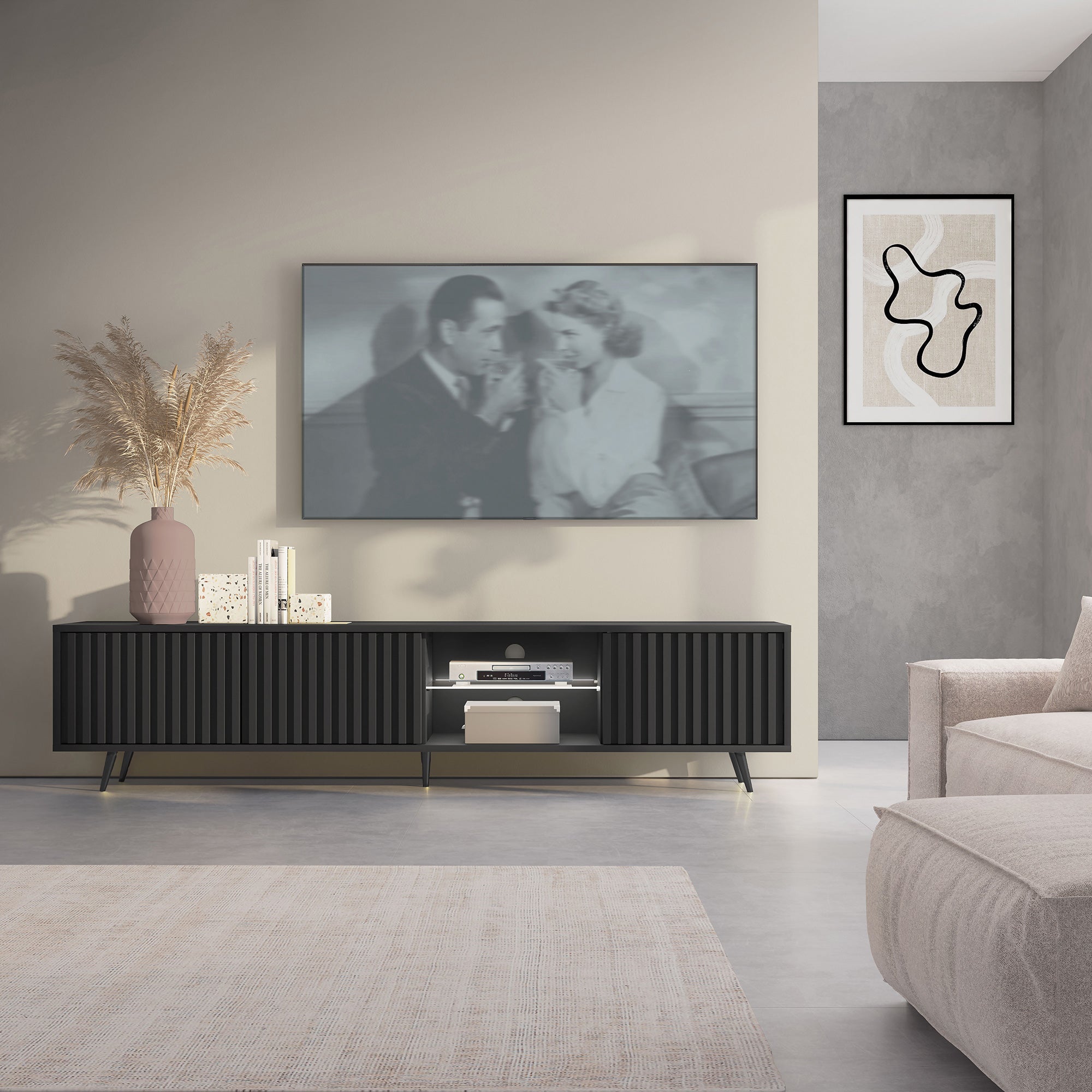 TV-Schrank Bello mit Lamellenfronten, 175 cm, schwarz, mit LED und schwarzen Beinen