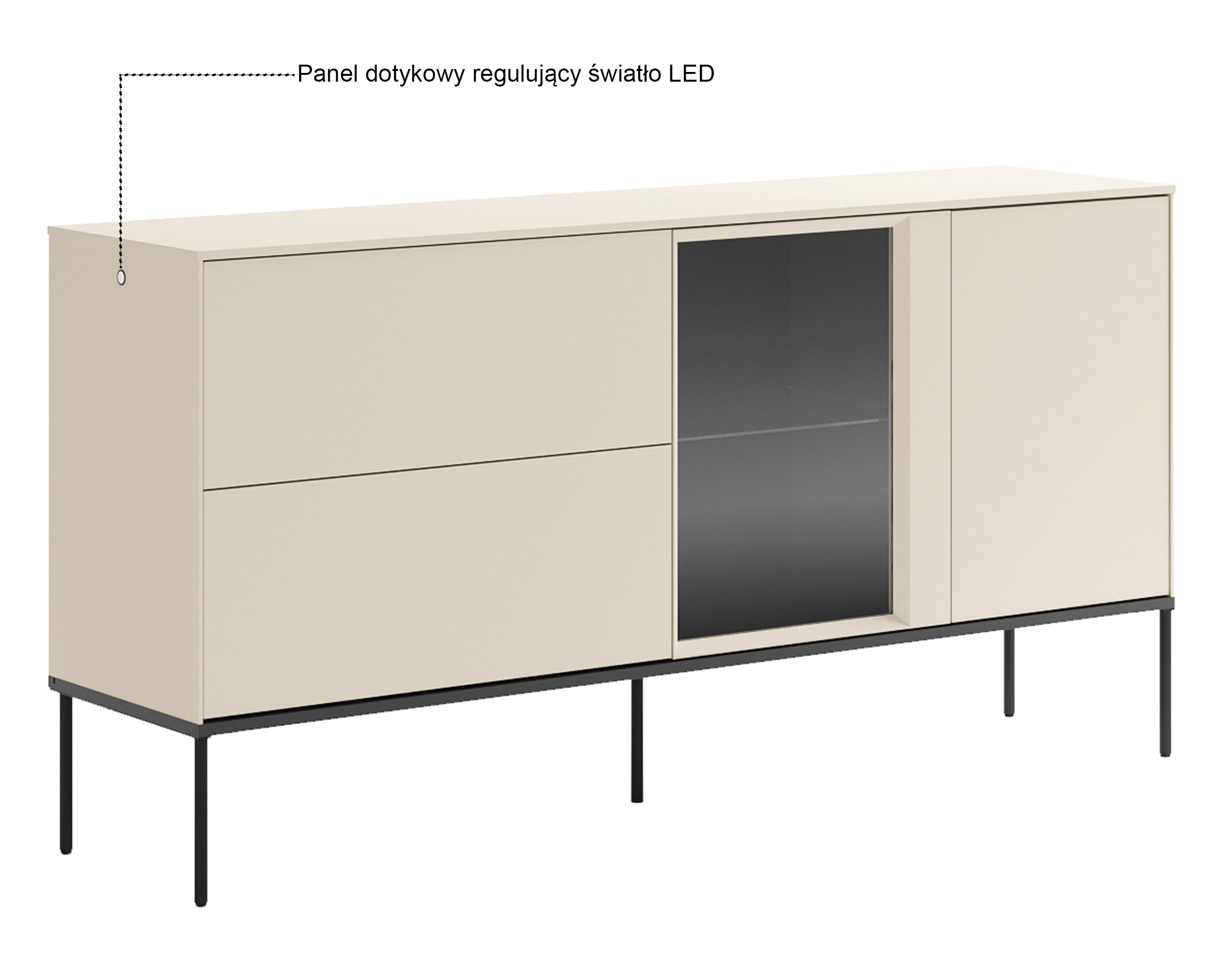 Einflügelsideboard Bellezo mit LED-Vitrine und zwei Schubladen, 166 cm, cremefarben
