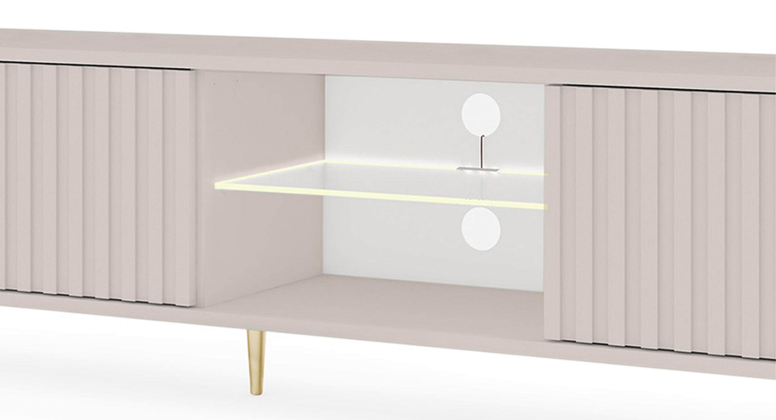 Drehtüriger TV-Schrank Bello mit Lamellenfronten und einer Glasablage mit LED-Beleuchtung, 175 cm, Kaschmir auf goldenen Beinen
