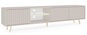 Drehtüriger TV-Schrank Bello mit Lamellenfronten und einer Glasablage mit LED-Beleuchtung, 175 cm, Kaschmir auf goldenen Beinen