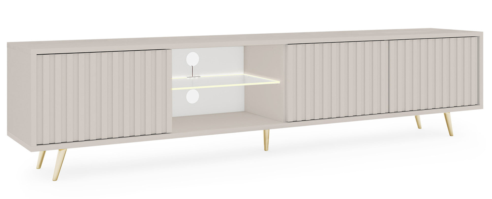 Drehtüriger TV-Schrank Bello mit Lamellenfronten und einer Glasablage mit LED-Beleuchtung, 175 cm, Kaschmir auf goldenen Beinen