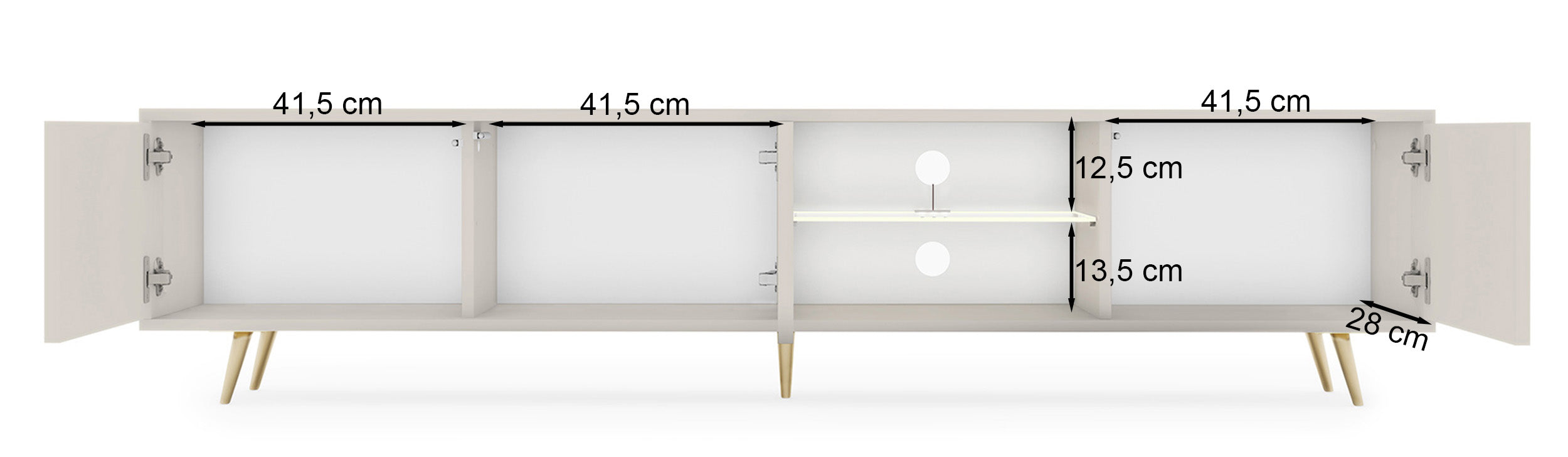 Drehtüriger TV-Schrank Bello mit Lamellenfronten und einer Glasablage mit LED-Beleuchtung, 175 cm, Kaschmir auf goldenen Beinen