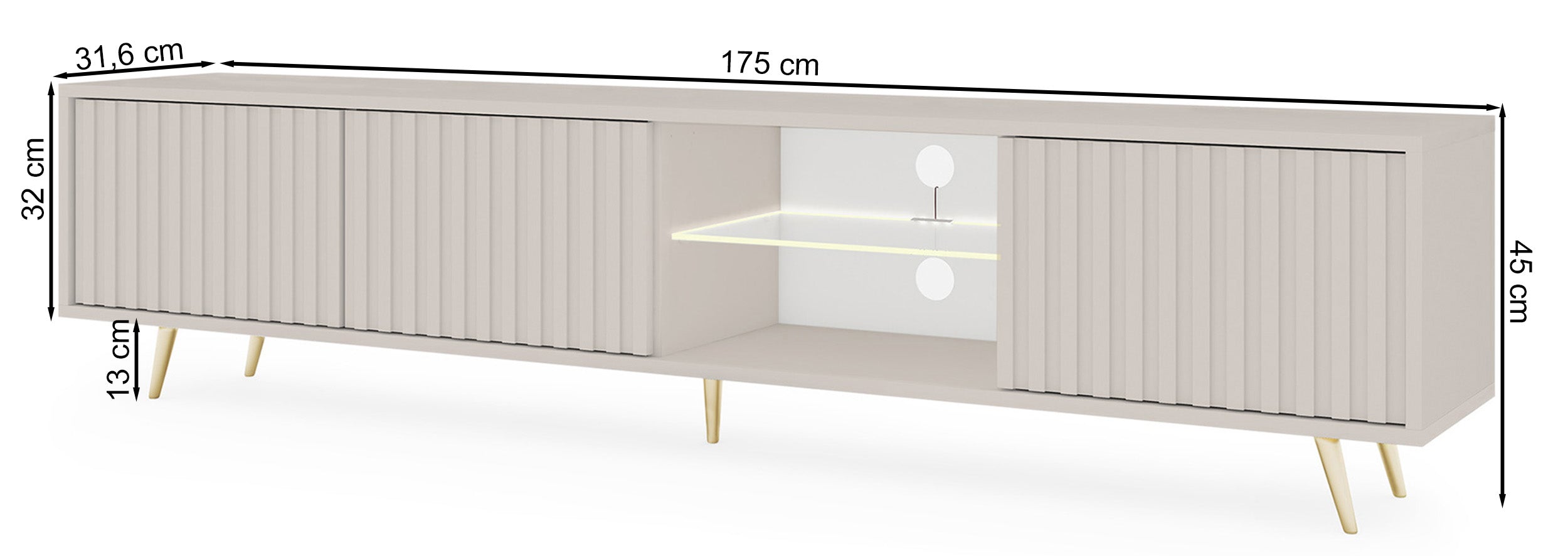 Drehtüriger TV-Schrank Bello mit Lamellenfronten und einer Glasablage mit LED-Beleuchtung, 175 cm, Kaschmir auf goldenen Beinen