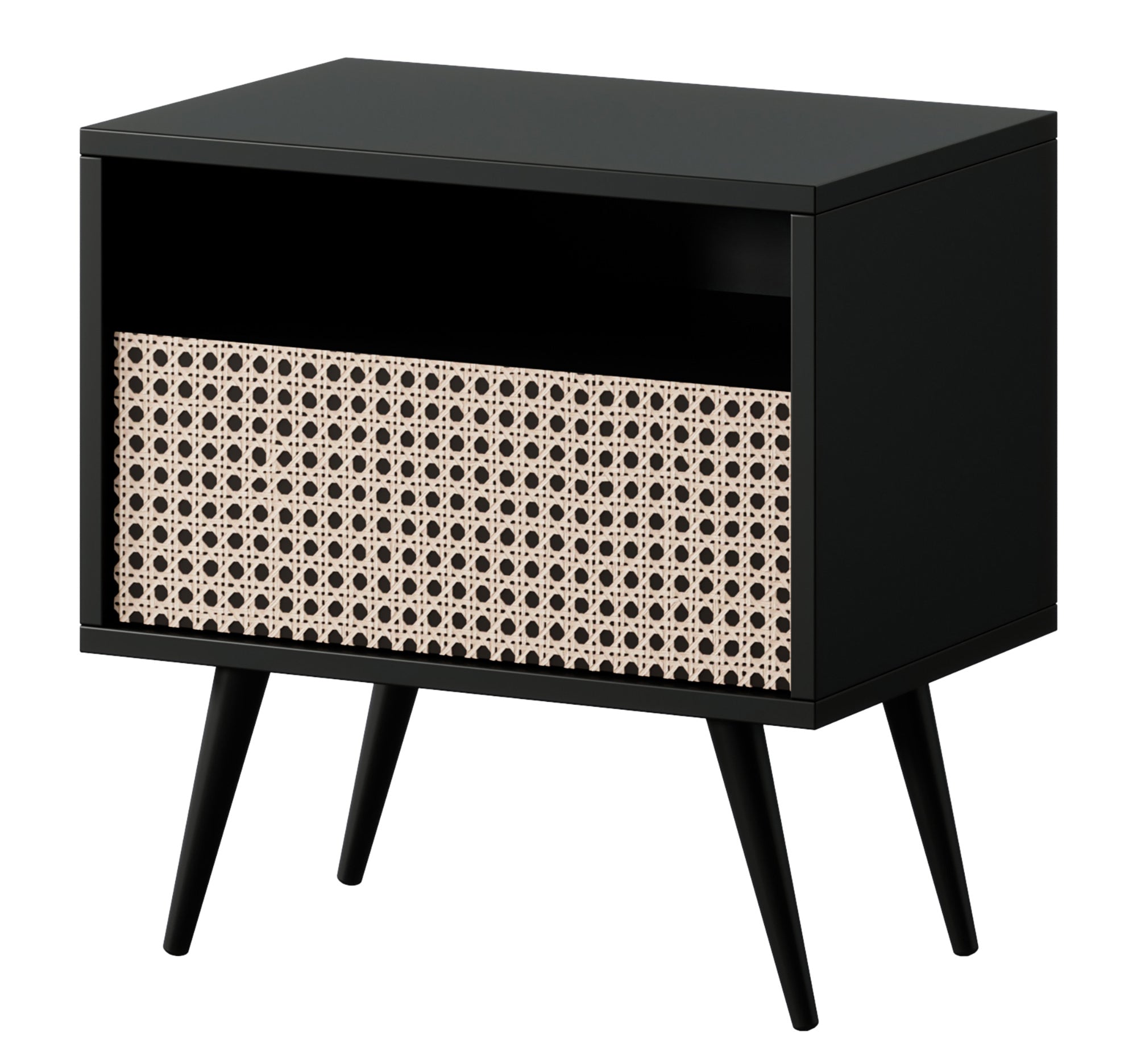 Nachttisch Bello mit Schublade, Wiener Geflecht auf schwarzen Beinen