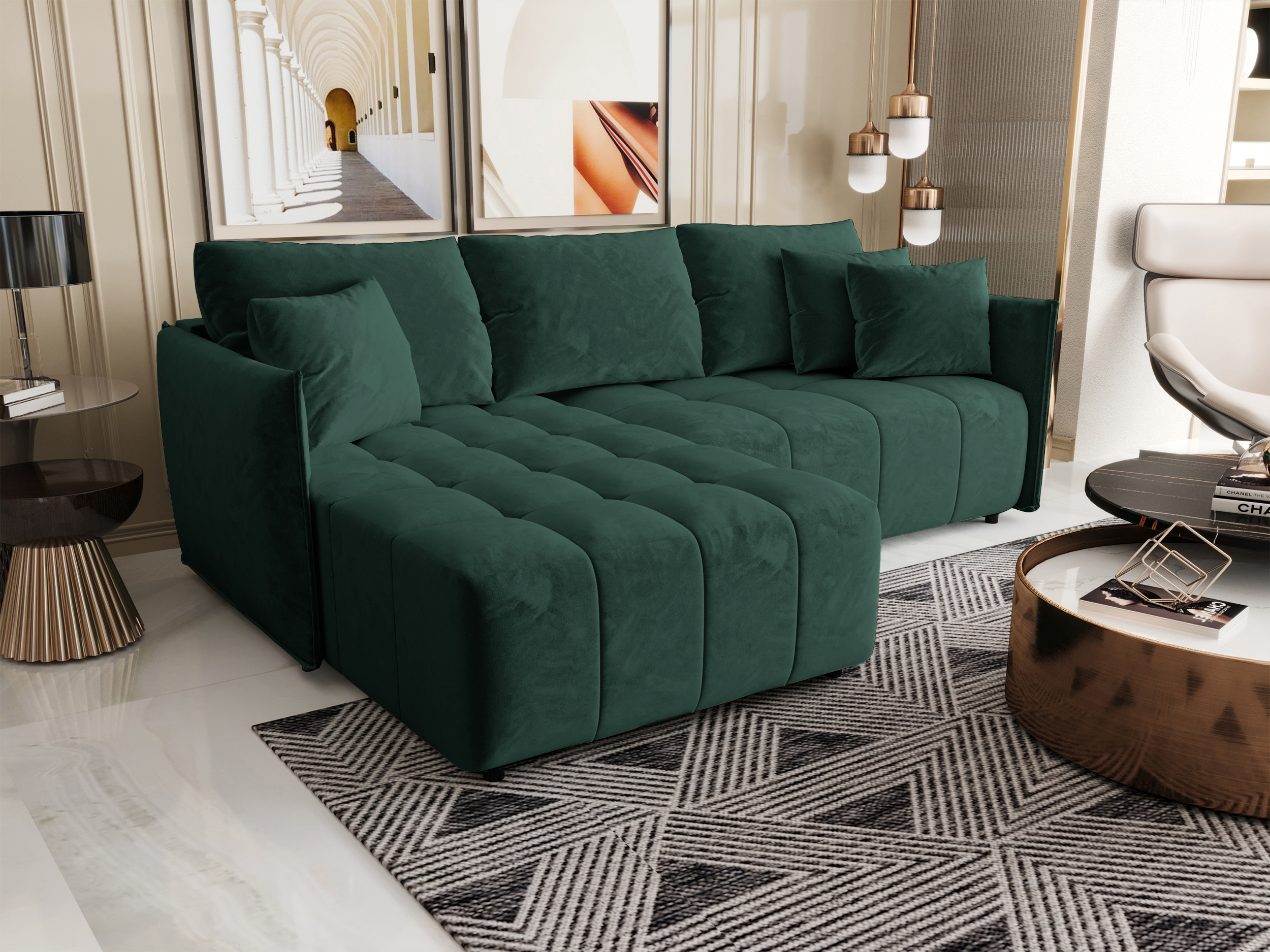 Ecksofa mit Schlafunktion Belvento, L-förmig, linksseitig, mit Stauraum, grüner hydrophober Samt
