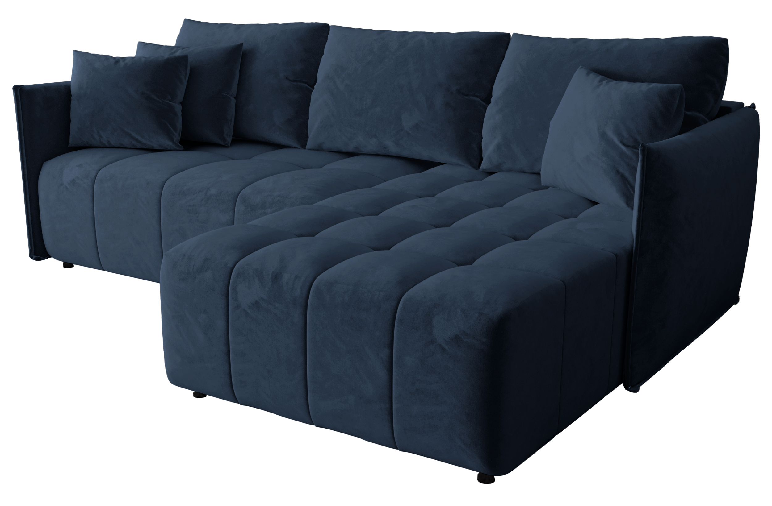 Ecksofa mit Schlafunktion Belvento, L-förmig, rechtsseitig, mit Stauraum, marineblauer, hydrophober Samtstoff