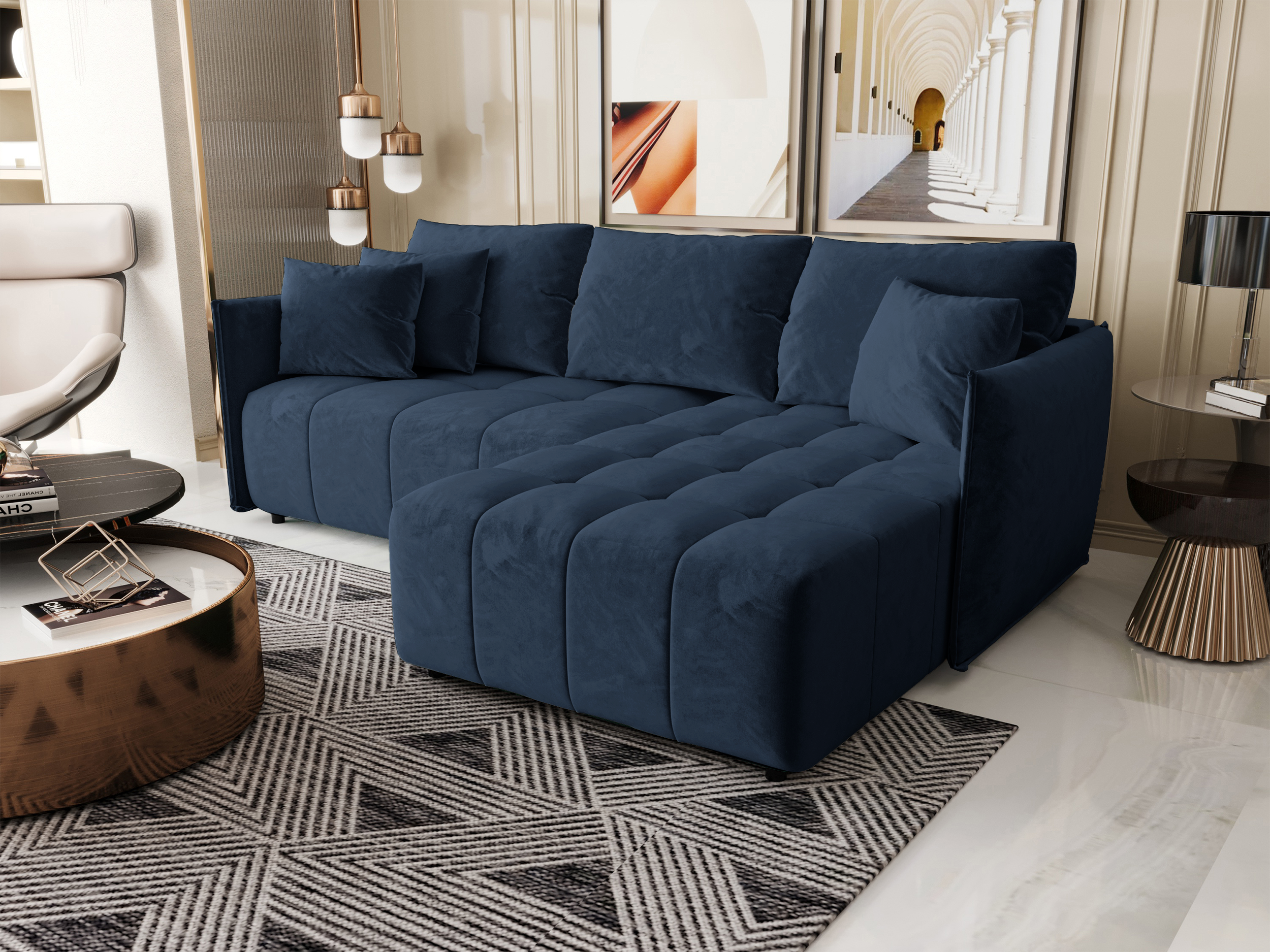 Ecksofa mit Schlafunktion Belvento, L-förmig, rechtsseitig, mit Stauraum, marineblauer, hydrophober Samtstoff