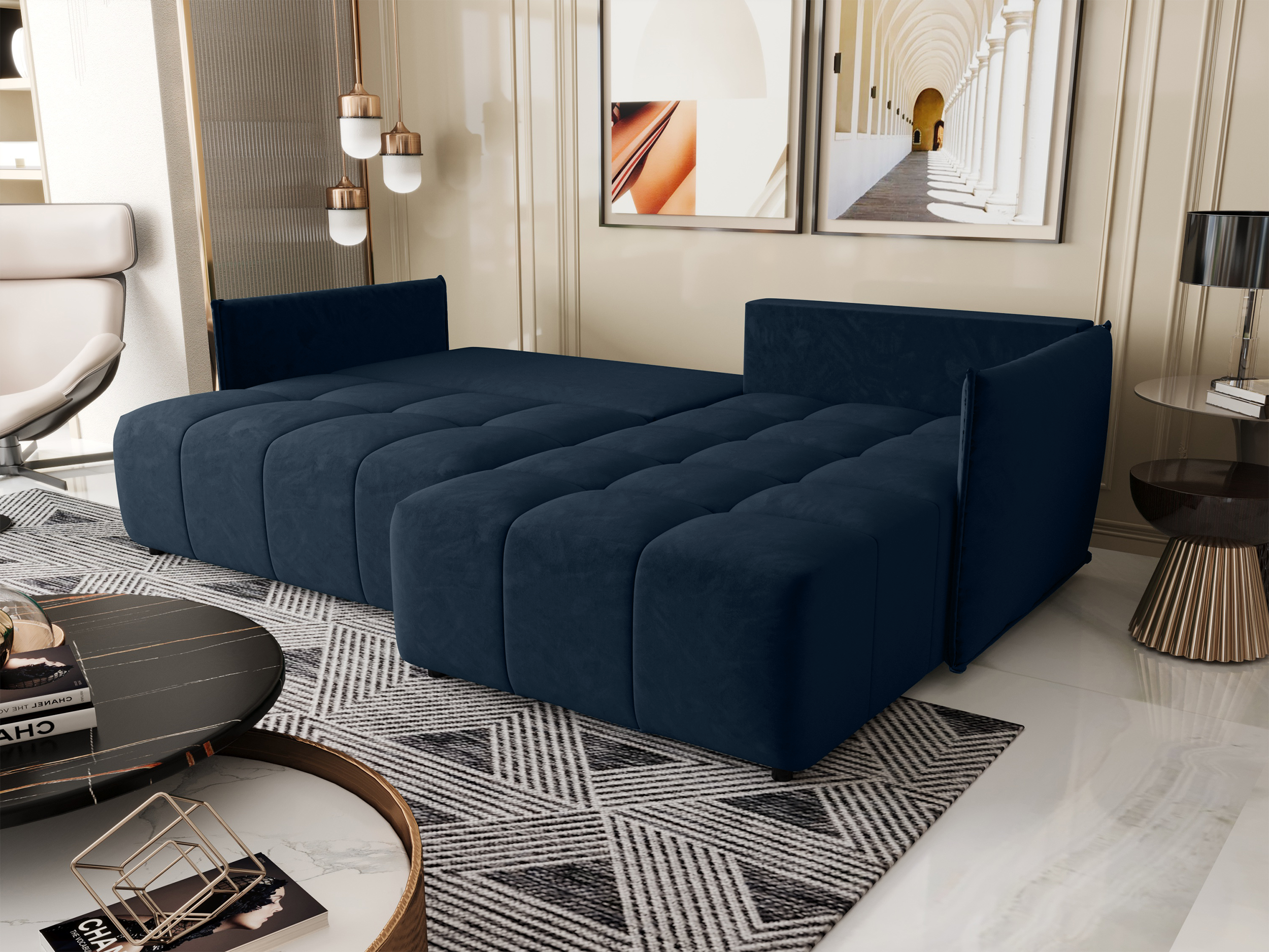 Ecksofa mit Schlafunktion Belvento, L-förmig, rechtsseitig, mit Stauraum, marineblauer, hydrophober Samtstoff
