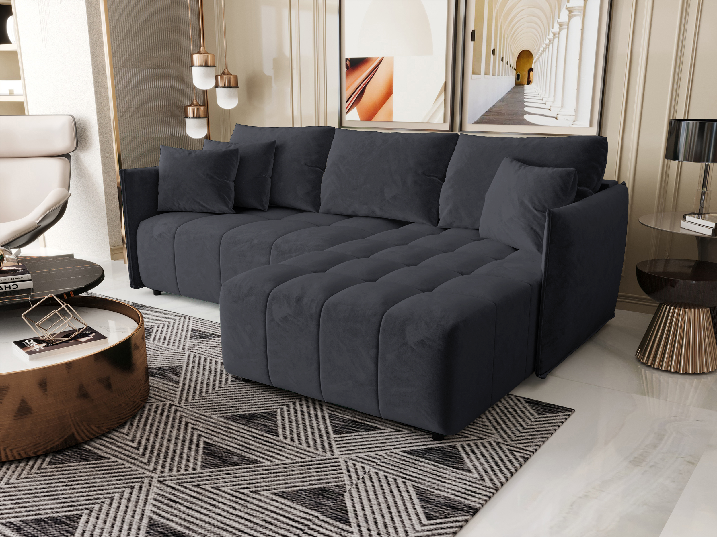 Ecksofa mit Schlaffunktion Belvento, L-förmig, rechtsseitig, mit Stauraum, anthrazitfarbener Velours, wasserabweisend