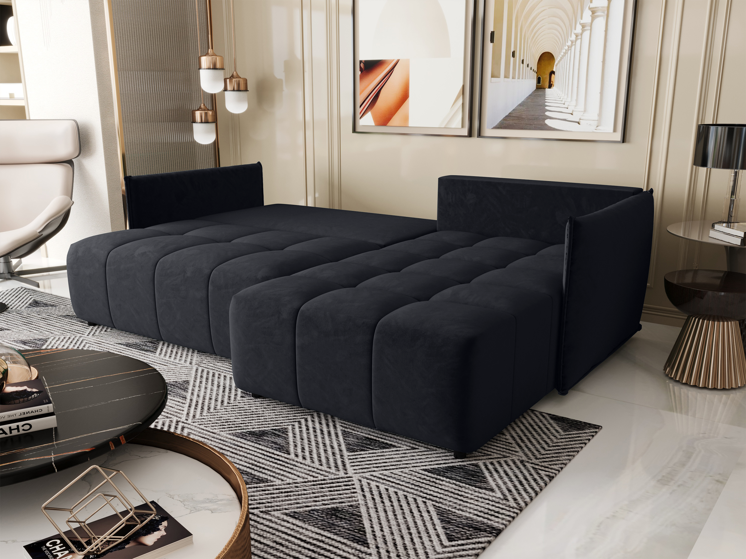 Ecksofa mit Schlaffunktion Belvento, L-förmig, rechtsseitig, mit Stauraum, anthrazitfarbener Velours, wasserabweisend
