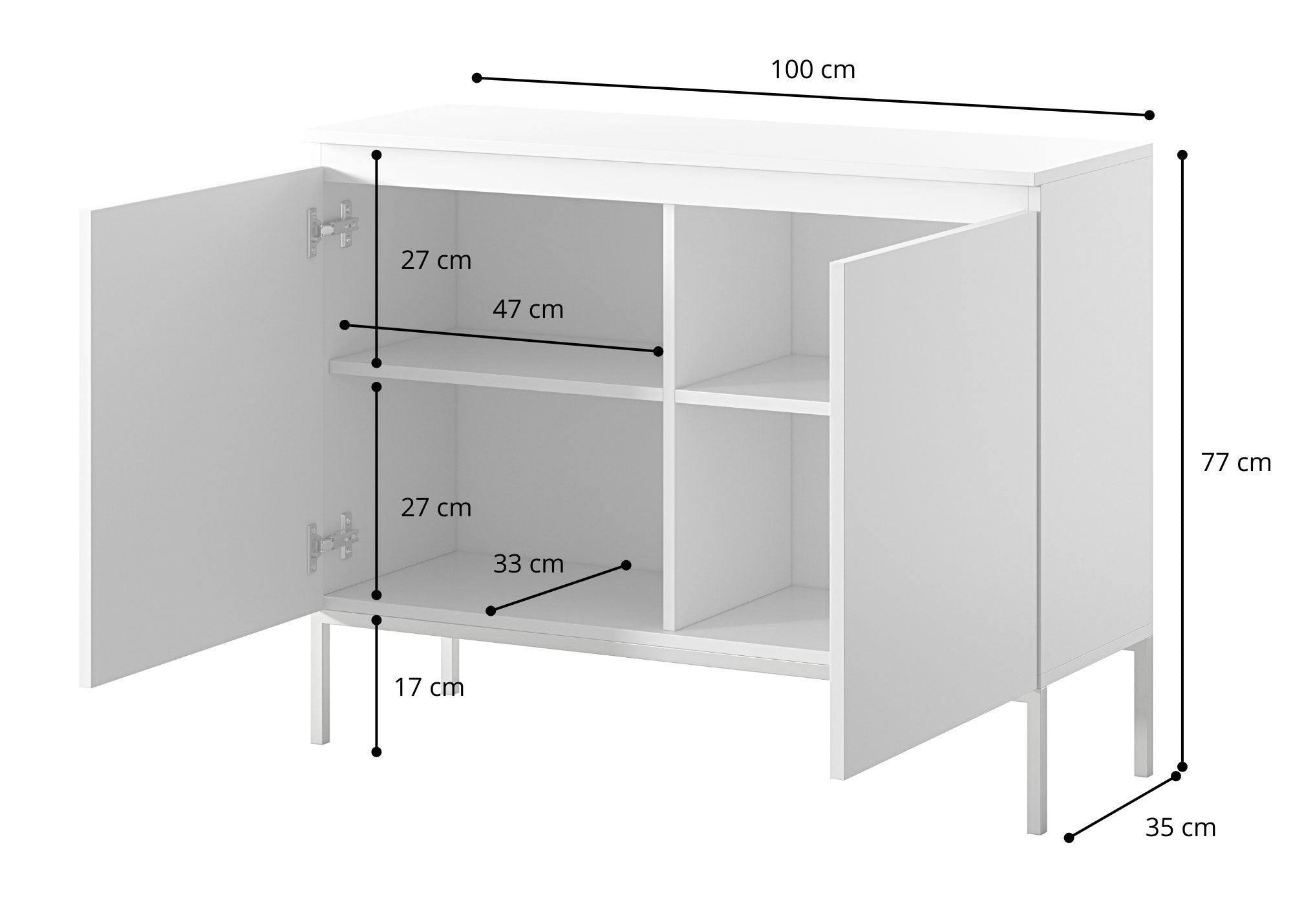 Zweiturige Kommode Bemmi 100 cm weiß mit schwarzen Beinen