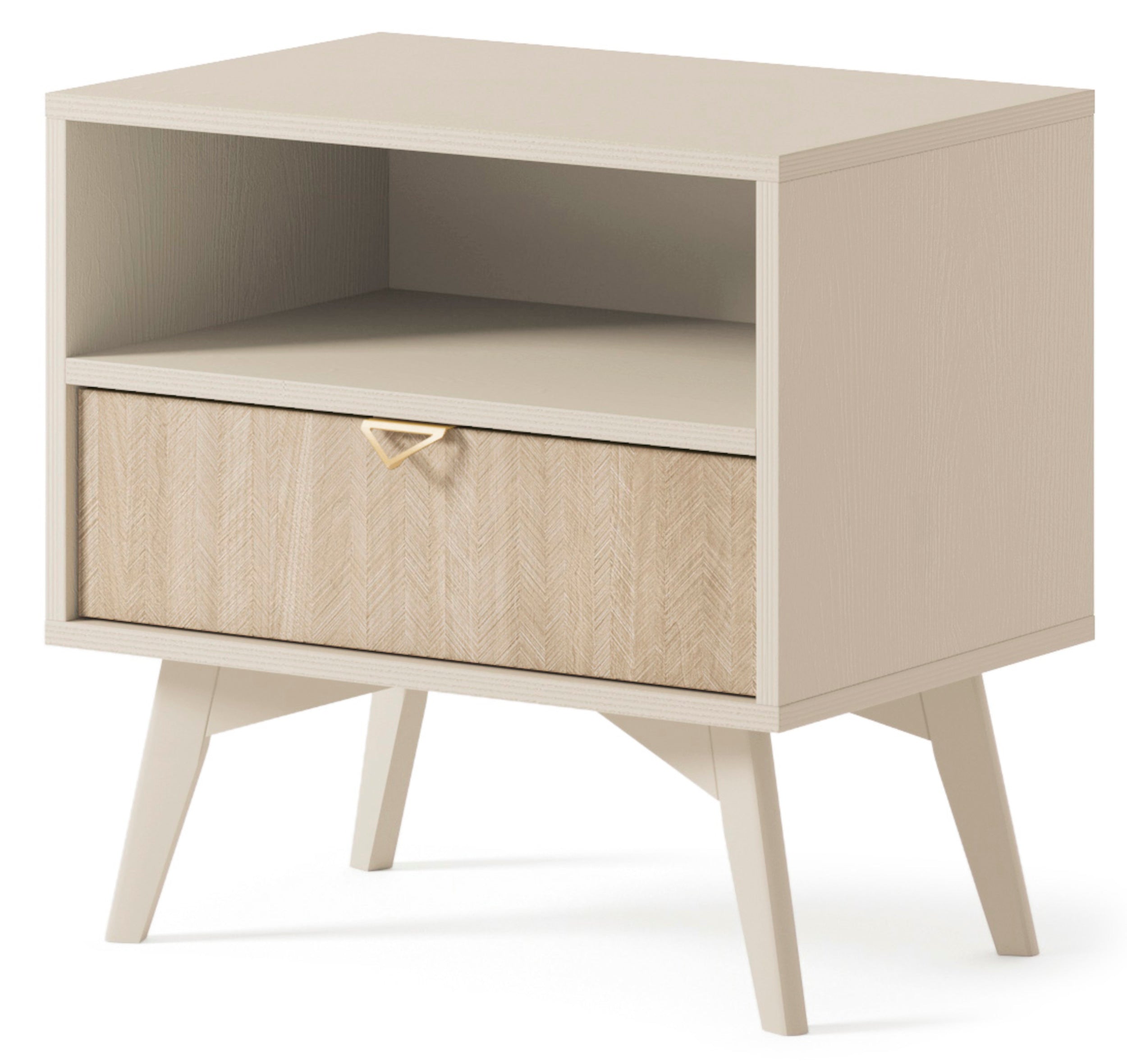 Favoria Nachttisch mit Schublade 54 cm beige/Scandi Fischgrätmuster mit goldenem Griff