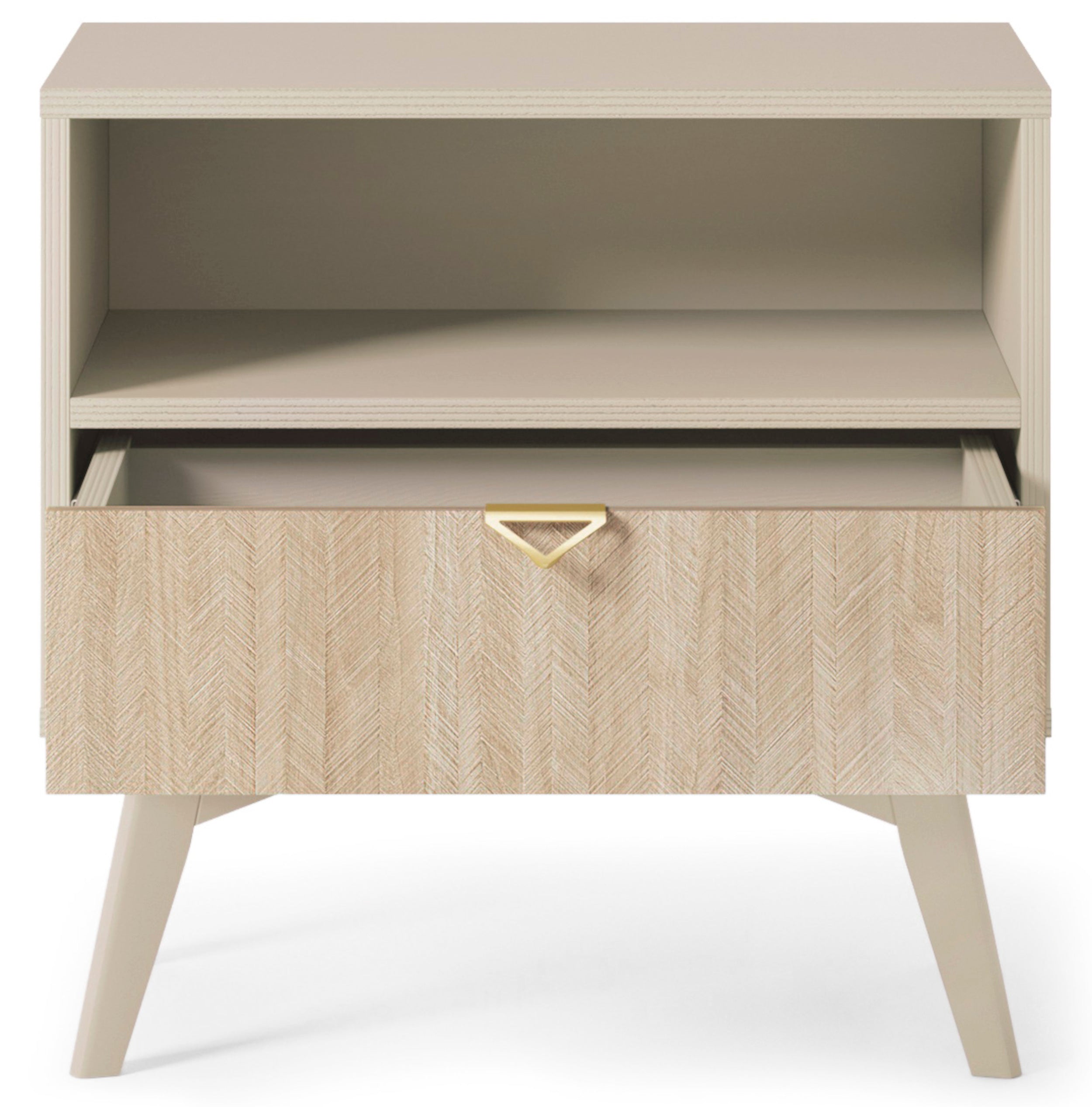 Favoria Nachttisch mit Schublade 54 cm beige/Scandi Fischgrätmuster mit goldenem Griff