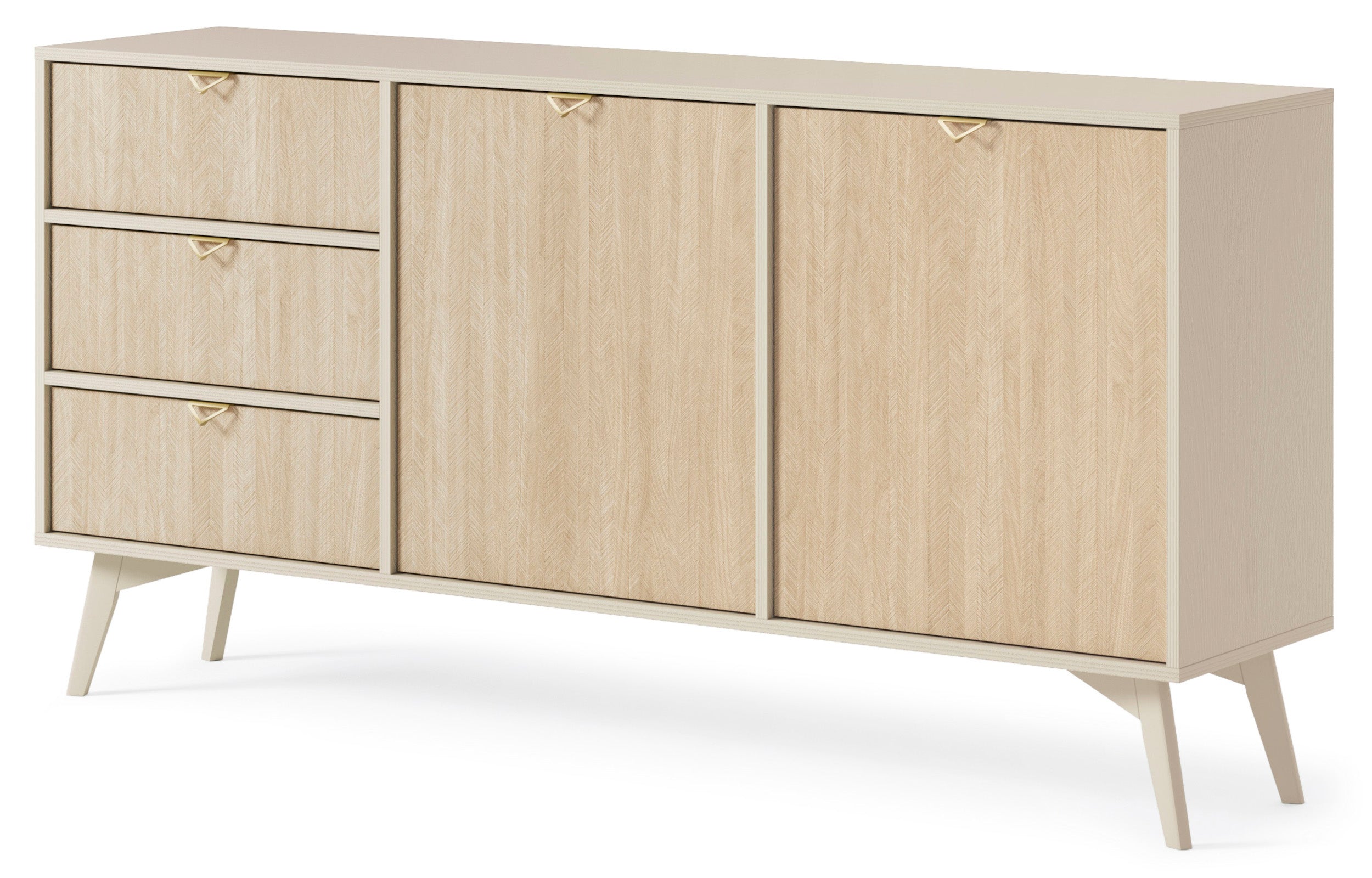 Favoria Kommode, 2-türig mit Schubladen, 158 cm, beige/Scandi Fischgrätmuster mit goldenen Griffen