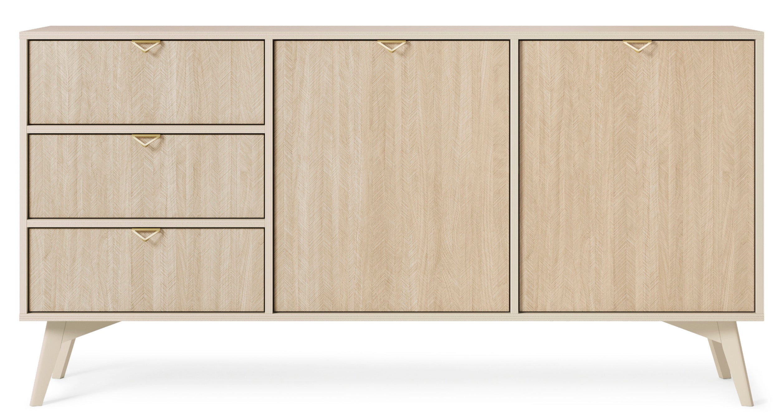 Favoria Kommode, 2-türig mit Schubladen, 158 cm, beige/Scandi Fischgrätmuster mit goldenen Griffen