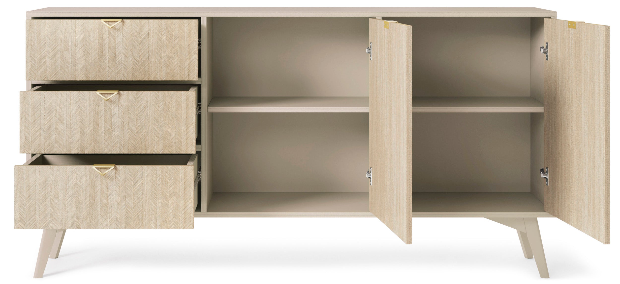 Favoria Kommode, 2-türig mit Schubladen, 158 cm, beige/Scandi Fischgrätmuster mit goldenen Griffen