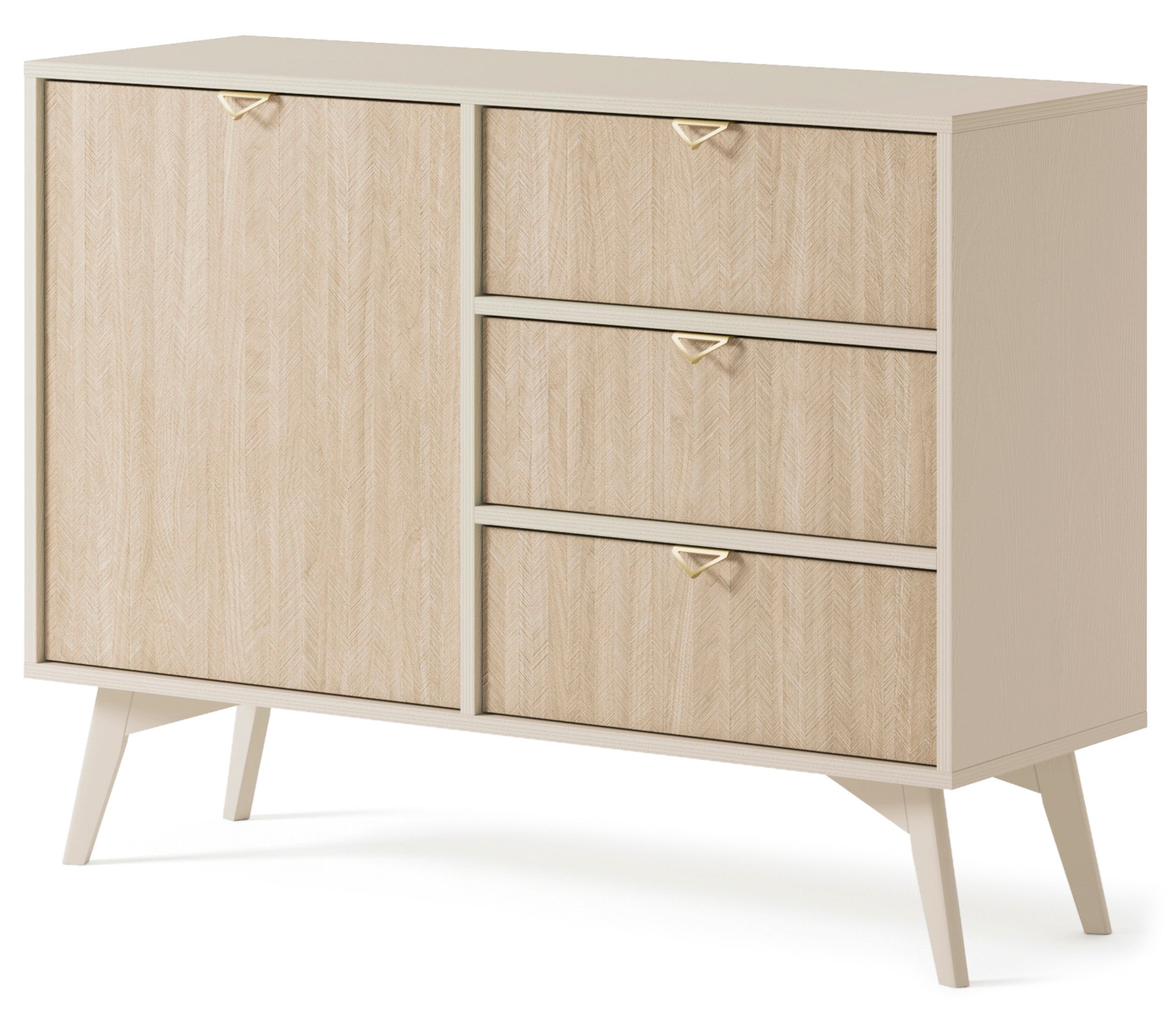 Favoria Kommode mit einer Tür und Schubladen, 106 cm, beige/Scandi Fischgrätmuster mit goldenen Griffen