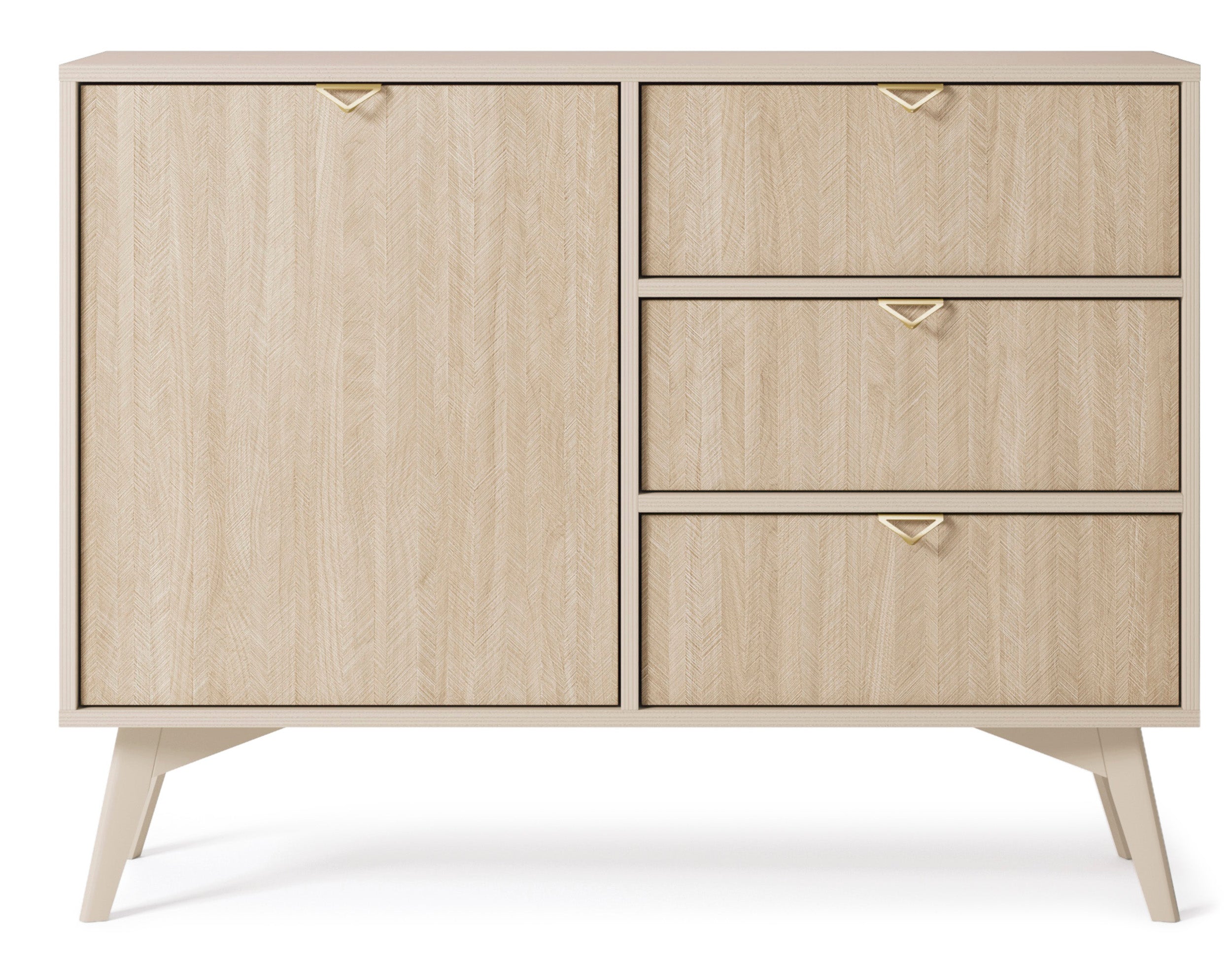 Favoria Kommode mit einer Tür und Schubladen, 106 cm, beige/Scandi Fischgrätmuster mit goldenen Griffen