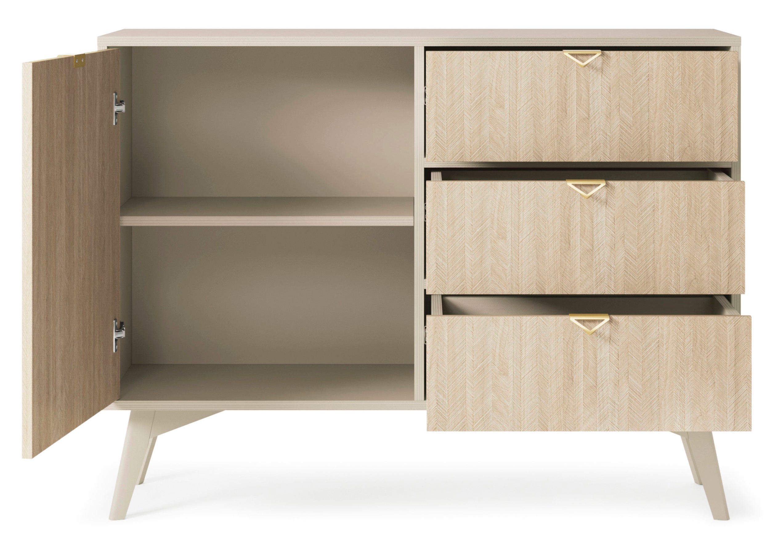 Favoria Kommode mit einer Tür und Schubladen, 106 cm, beige/Scandi Fischgrätmuster mit goldenen Griffen