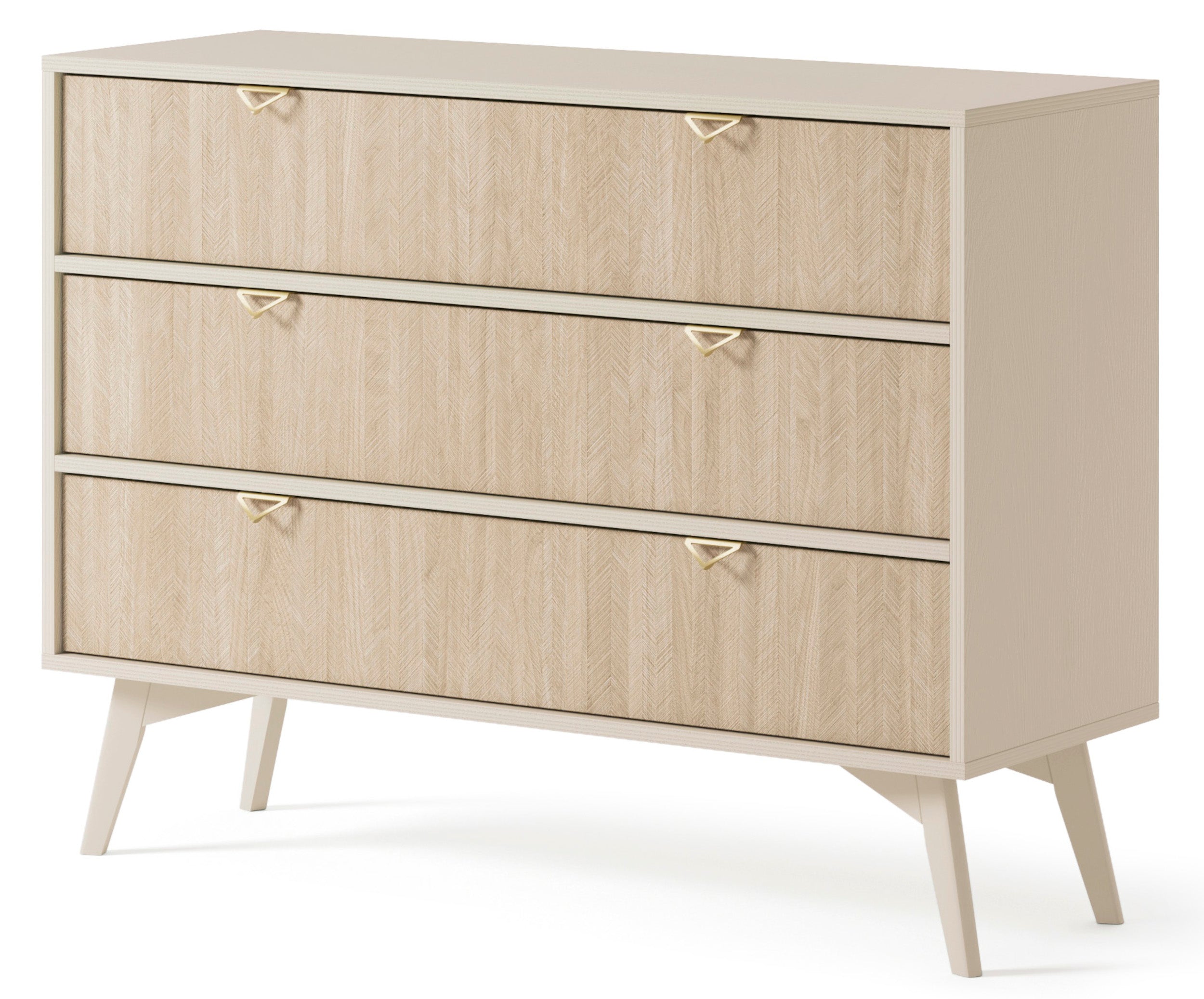 Kommode Favoria mit Schubladen 106 cm beige/Scandi Fischgrätmuster mit goldenen Griffen