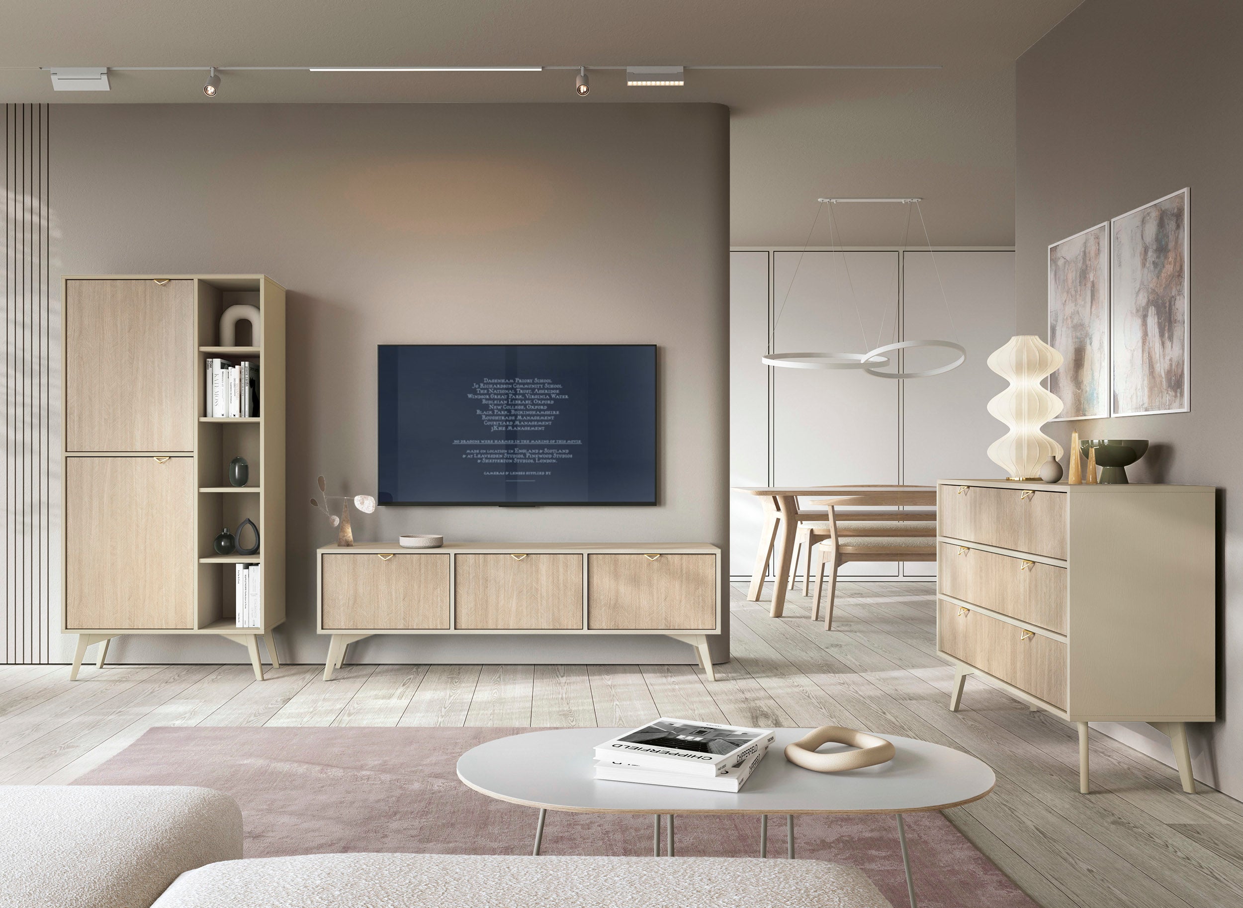 Favoria Kommode, 2-türig mit Schubladen, 158 cm, beige/Scandi Fischgrätmuster mit goldenen Griffen