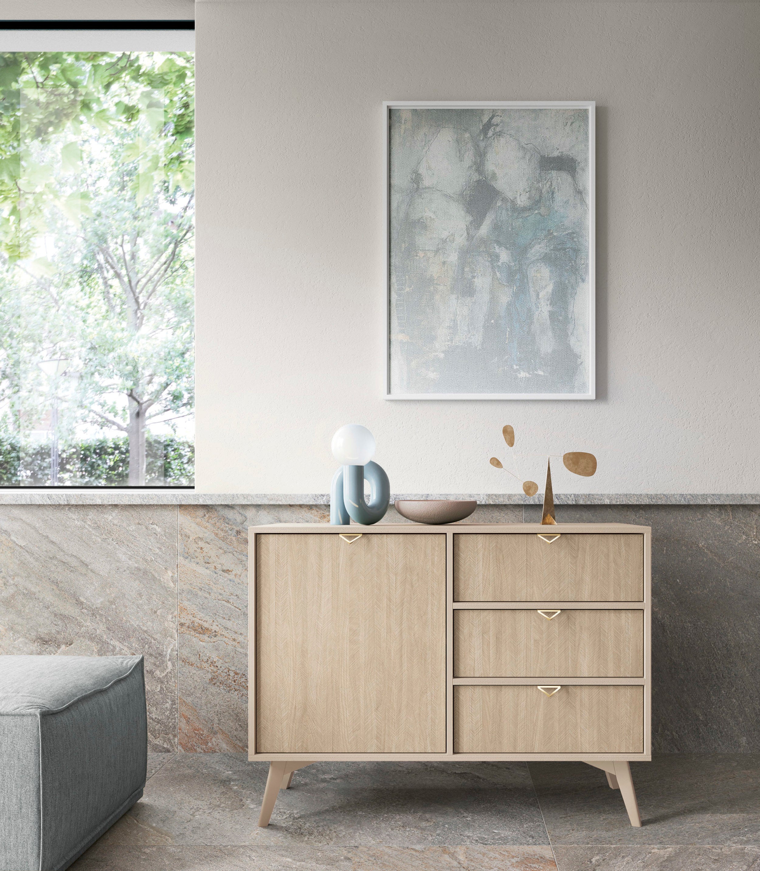 Favoria Kommode mit einer Tür und Schubladen, 106 cm, beige/Scandi Fischgrätmuster mit goldenen Griffen