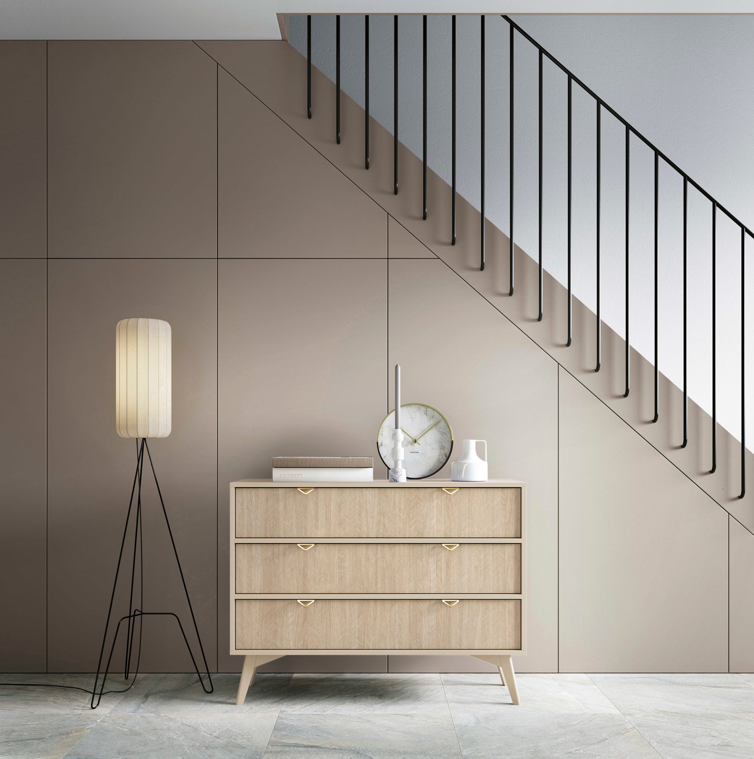 Kommode Favoria mit Schubladen 106 cm beige/Scandi Fischgrätmuster mit goldenen Griffen