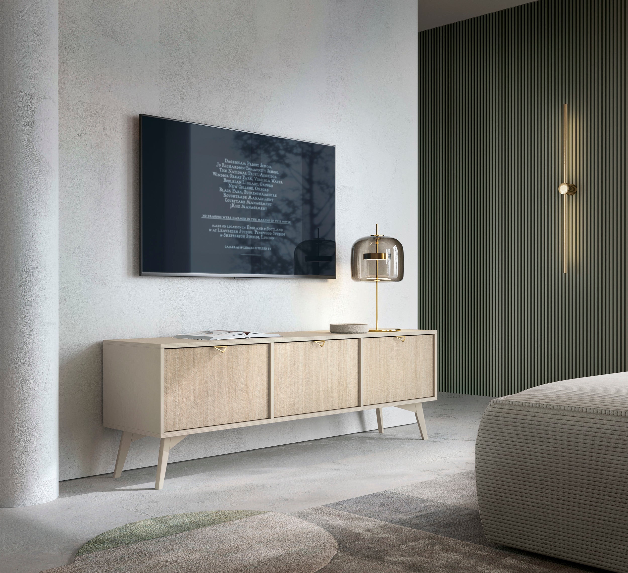 TV-Schrank Favoria 158 cm beige/Scandi Fischgrät mit goldenen Griffen