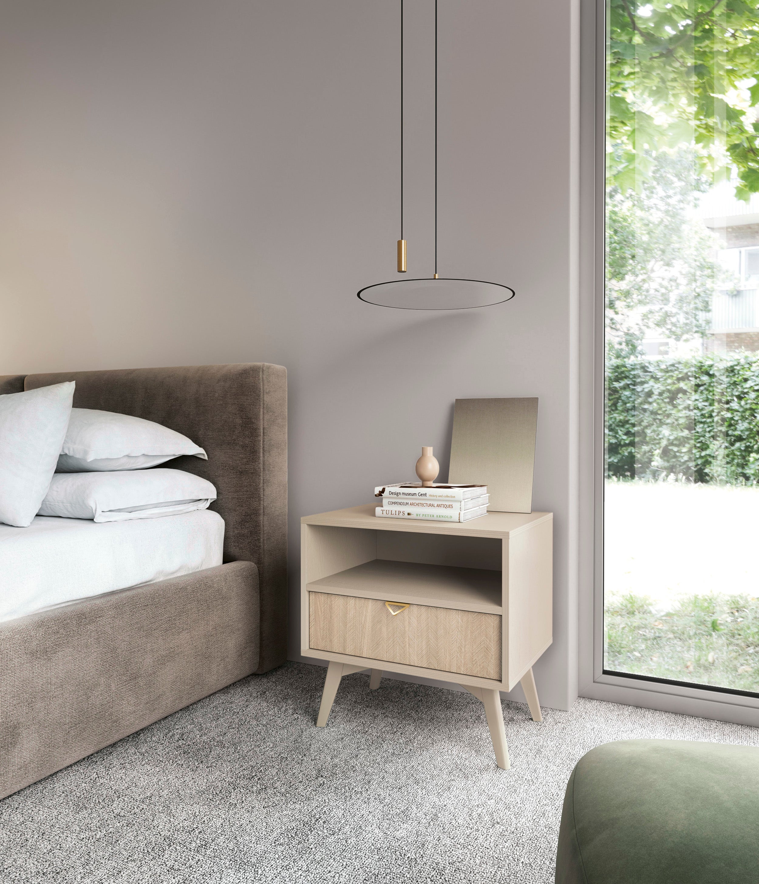 Favoria Nachttisch mit Schublade 54 cm beige/Scandi Fischgrätmuster mit goldenem Griff